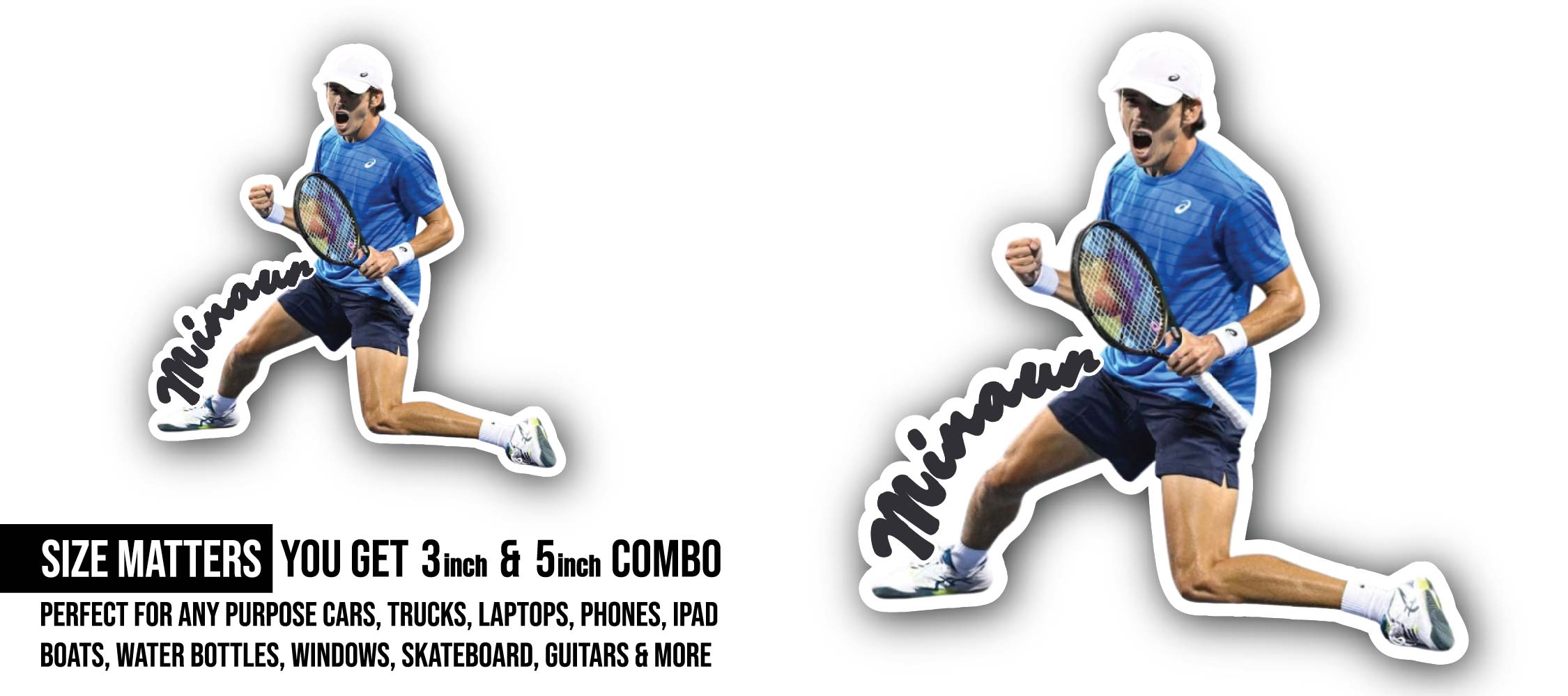 De Minaur Sticker, Waterproof Vinyl Decal Sticker Indoor Or Outdoor 2 (Pieces) 3" and 5"