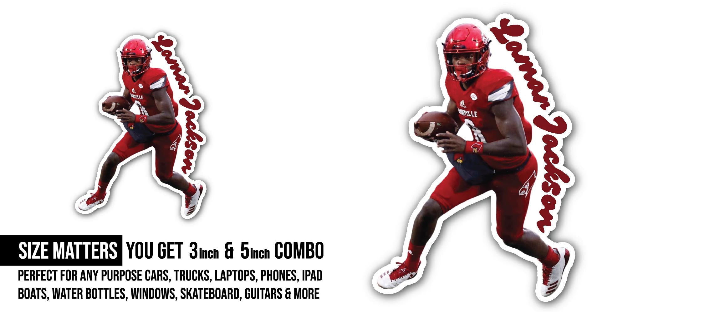 Lamar Jackson Sticker, Waterproof Vinyl Decal Sticker Indoor Or Outdoor 2 (Pieces) 3" and 5"