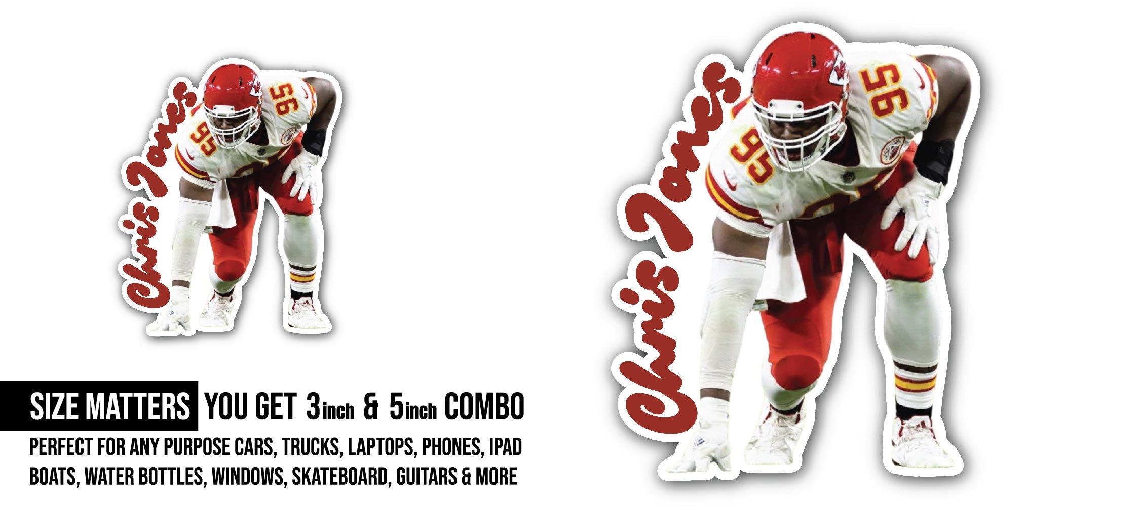 Chris Jones Sticker, Waterproof Vinyl Decal Sticker Indoor Or Outdoor 2 (Pieces) 3" and 5"