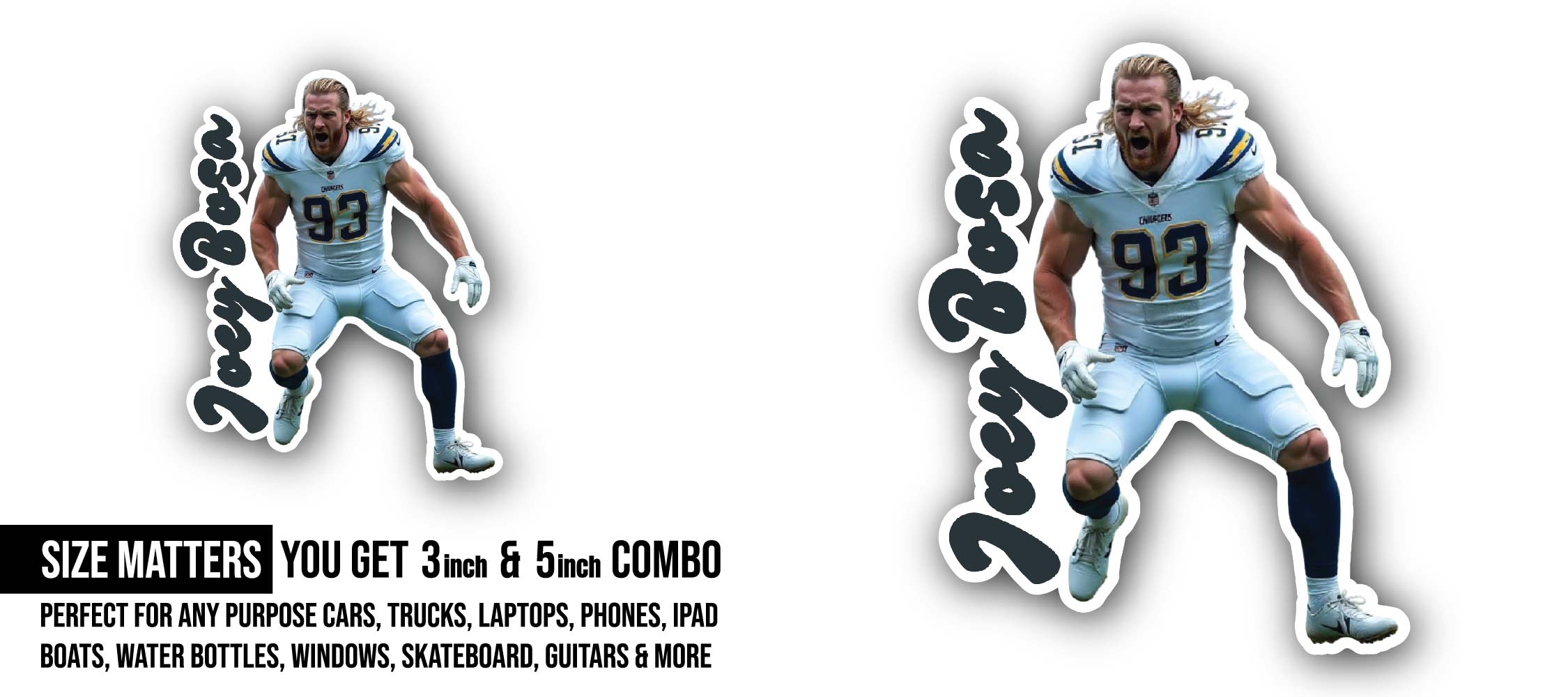 Joey Bosa Sticker, Waterproof Vinyl Decal Sticker Indoor Or Outdoor 2 (Pieces) 3" and 5"