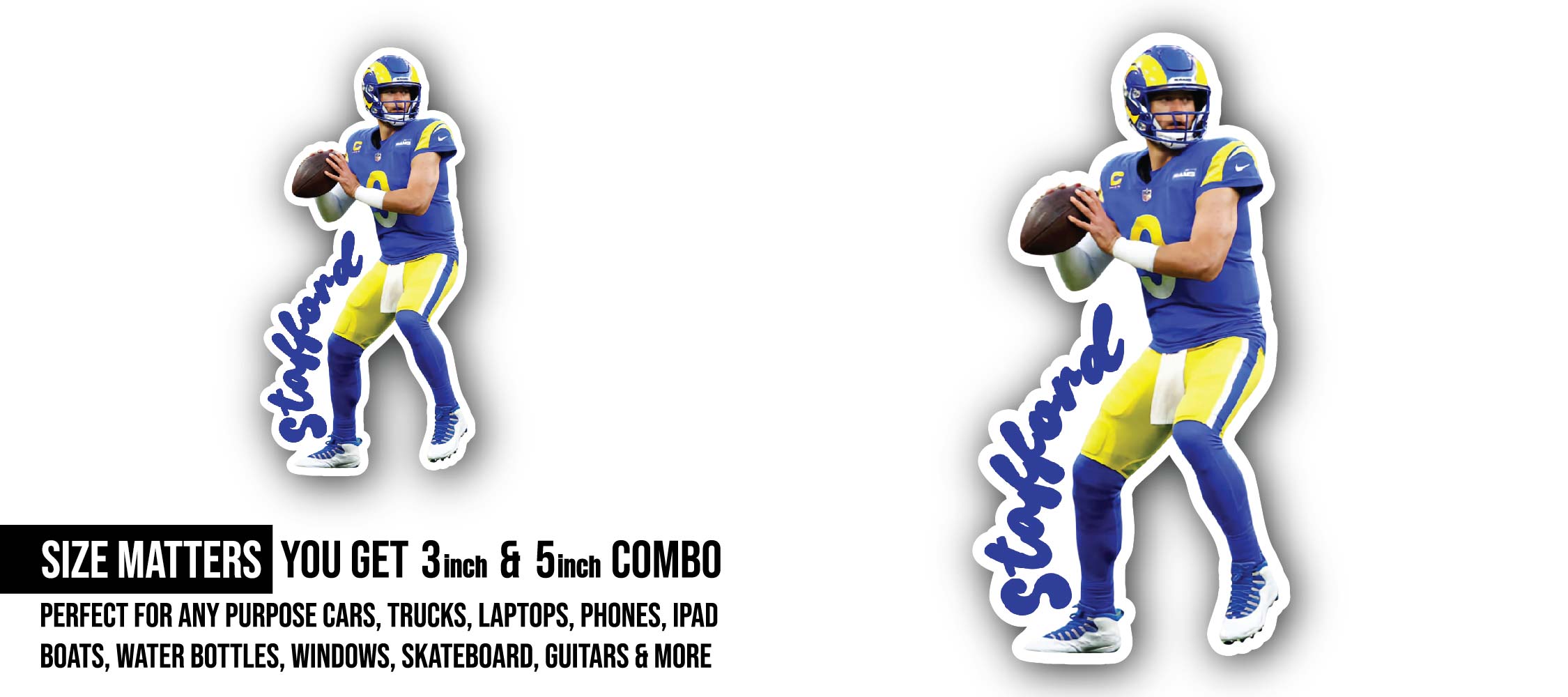 Matthew Stafford Sticker, Waterproof Vinyl Decal Sticker Indoor Or Outdoor 2 (Pieces) 3" and 5"