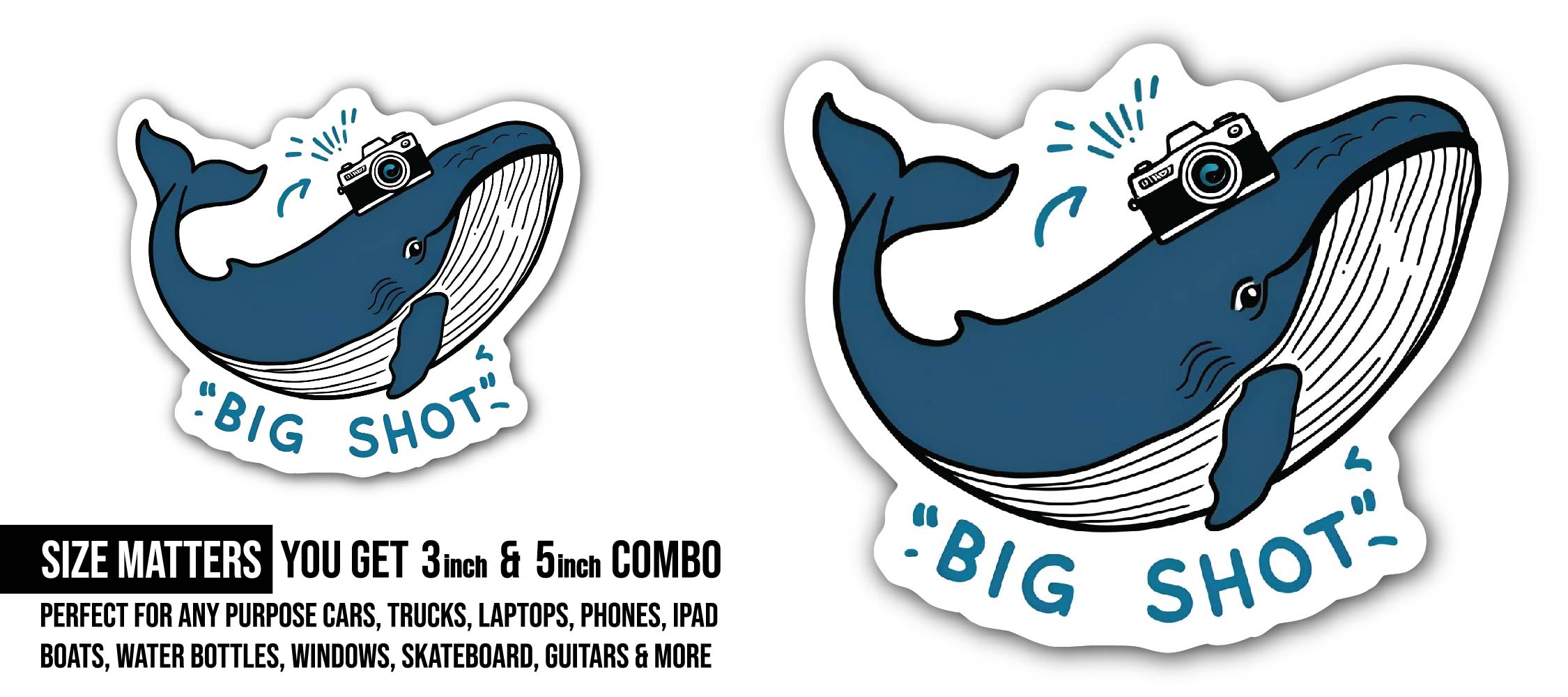 Big Shot Whale Sticker, Waterproof Vinyl Decal Sticker Indoor Or Outdoor 2 (Pieces) 3" and 5"