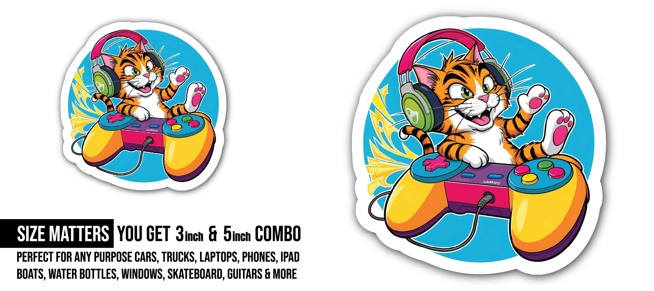 Gamer Cat Sticker, Waterproof Vinyl Decal Sticker Indoor Or Outdoor 2 (Pieces) 3" and 5"