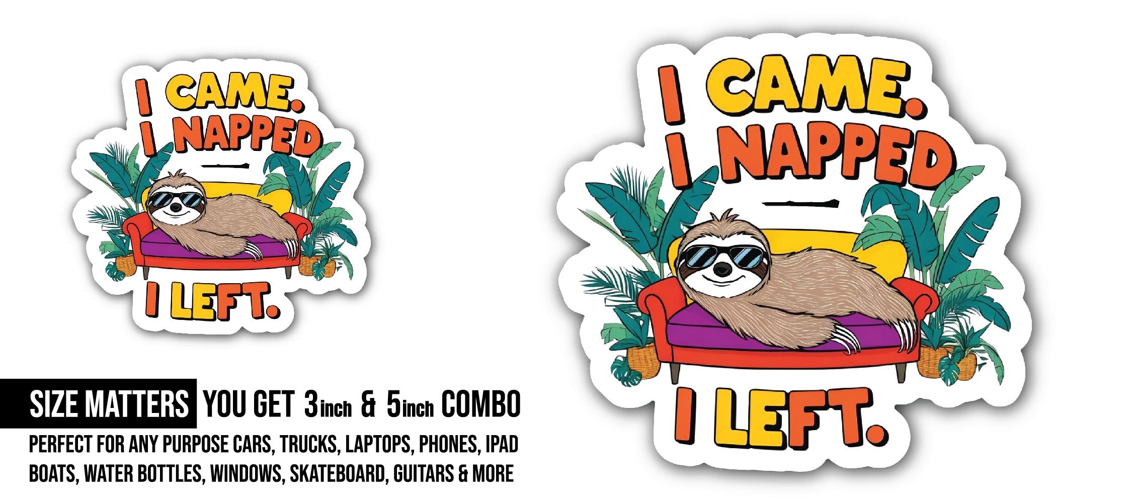 Napping Sloth Sticker, Waterproof Vinyl Decal Sticker Indoor Or Outdoor 2 (Pieces) 3" and 5"