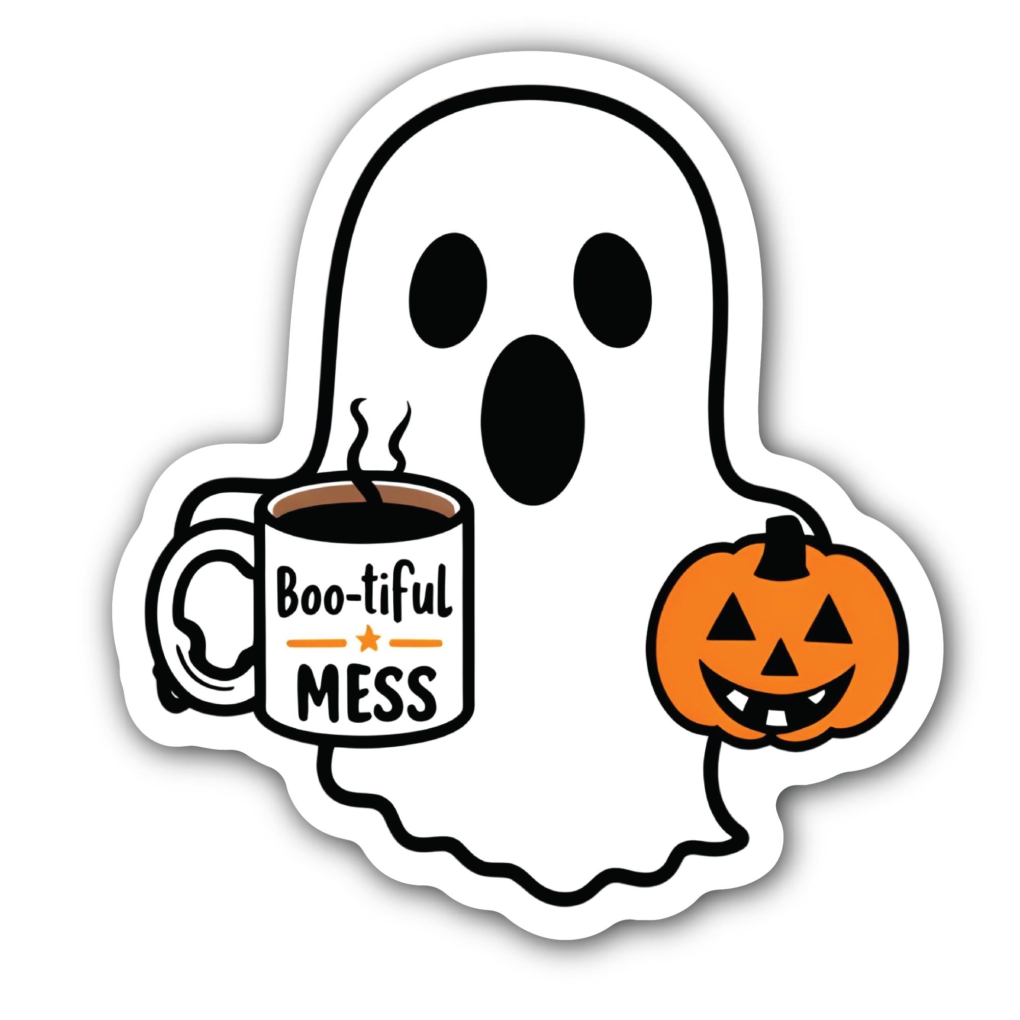 Cute Ghost with cup of coffee Sticker, Waterproof Vinyl Decal Sticker Indoor Or Outdoor 2 (Pieces) 3" and 5"