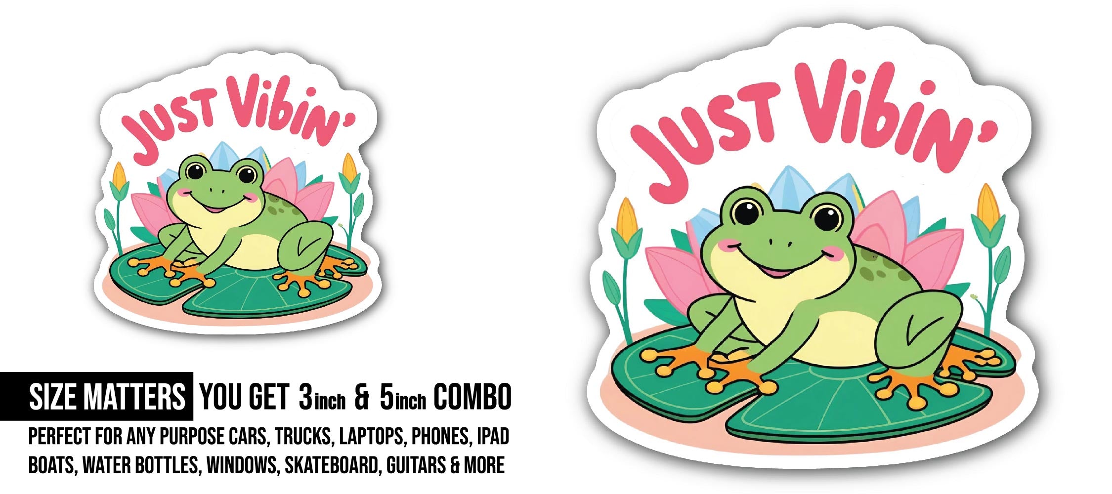 Just Vibin' Summer Frog Sticker, Waterproof Vinyl Decal Sticker Indoor Or Outdoor 2 (Pieces) 3" and 5"