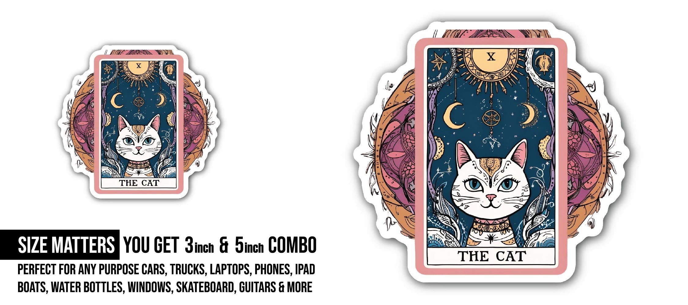 The Cat Tarot Sticker, Waterproof Vinyl Decal Sticker Indoor Or Outdoor 2 (Pieces) 3" and 5"