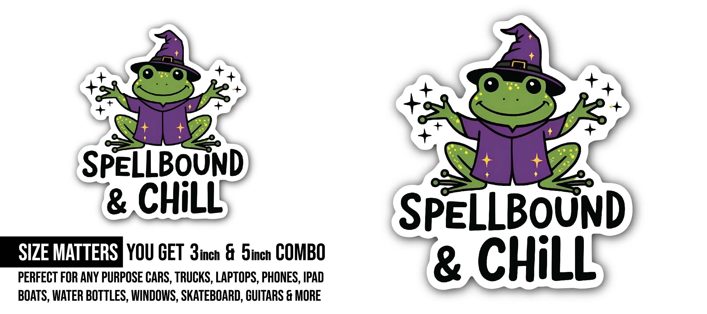 Spellbound & chill Frog Sticker, Waterproof Vinyl Decal Sticker Indoor Or Outdoor 2 (Pieces) 3" and 5"