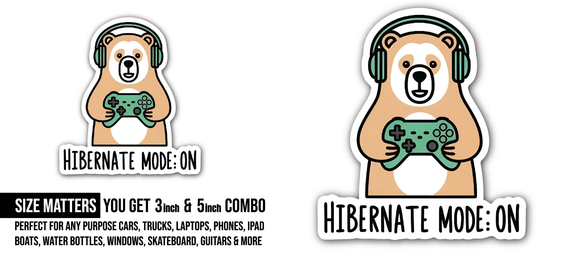 Gamer Bear Sticker, Waterproof Vinyl Decal Sticker Indoor Or Outdoor 2 (Pieces) 3" and 5"