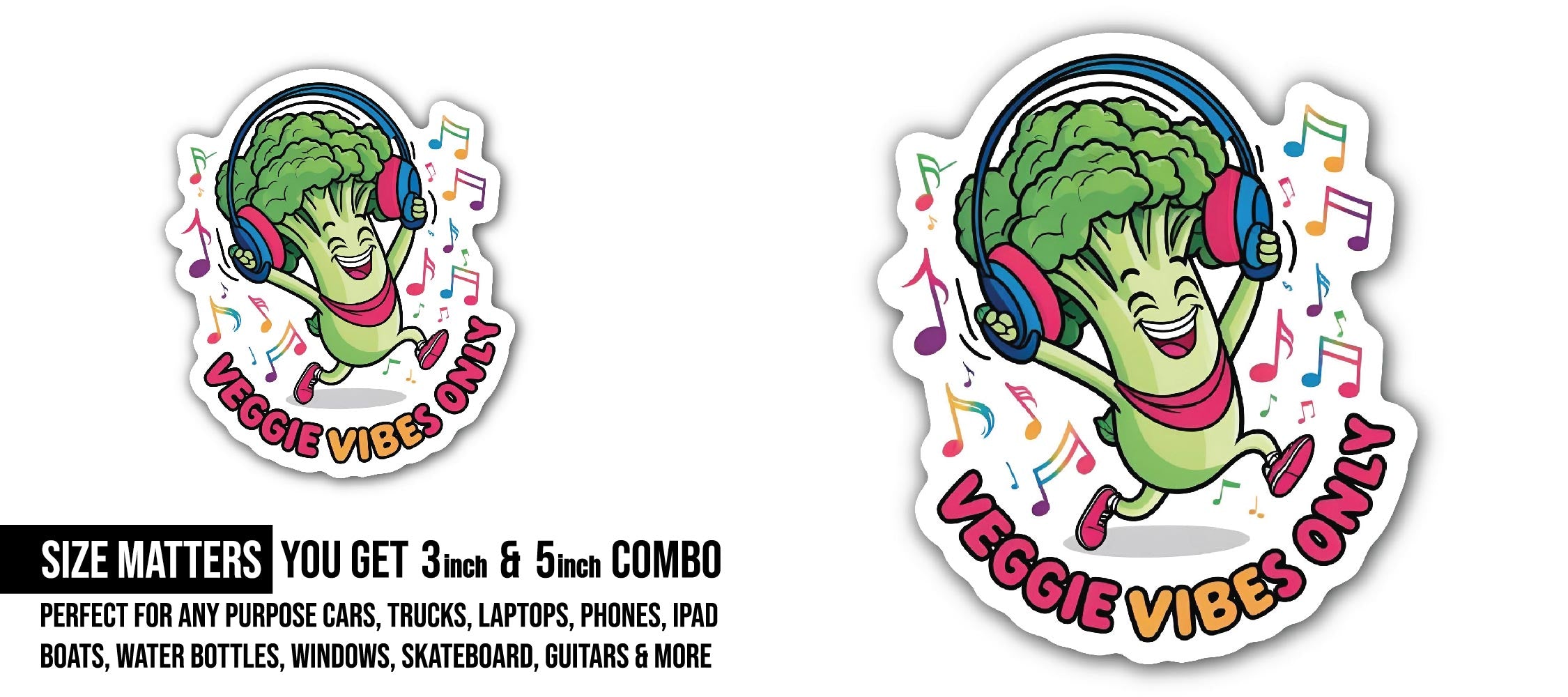Veggie Vibes Only Sticker, Waterproof Vinyl Decal Sticker Indoor Or Outdoor 2 (Pieces) 3" and 5"