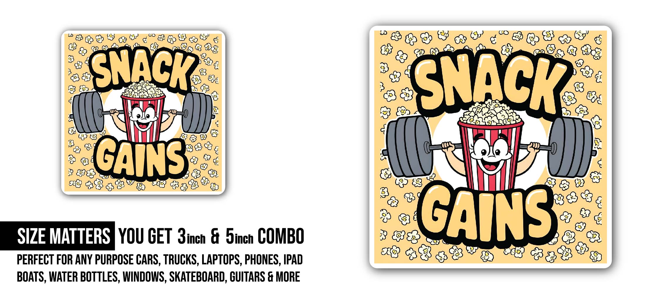Snack Gains Sticker, Waterproof Vinyl Decal Sticker Indoor Or Outdoor 2 (Pieces) 3" and 5"