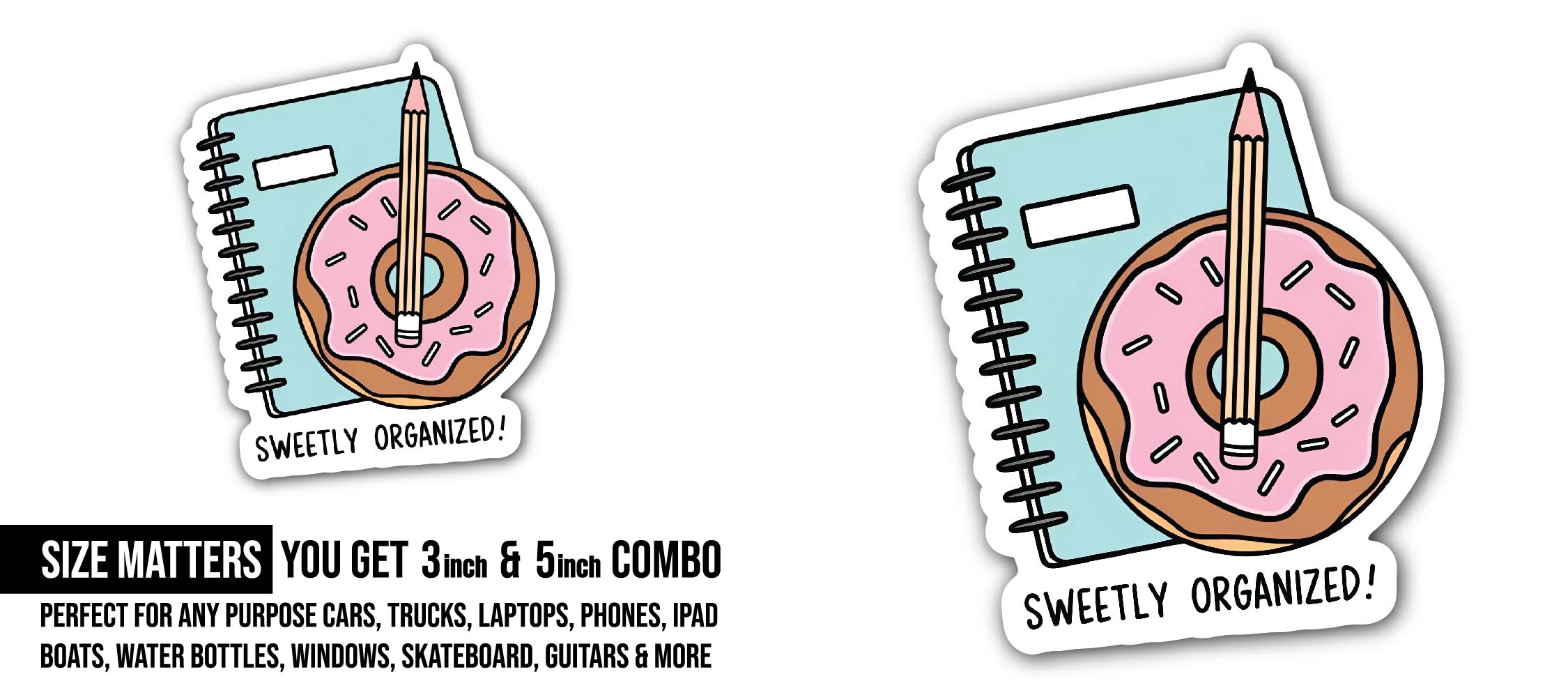 Donut & Notebook Combo Sticker, Waterproof Vinyl Decal Sticker Indoor Or Outdoor 2 (Pieces) 3" and 5"