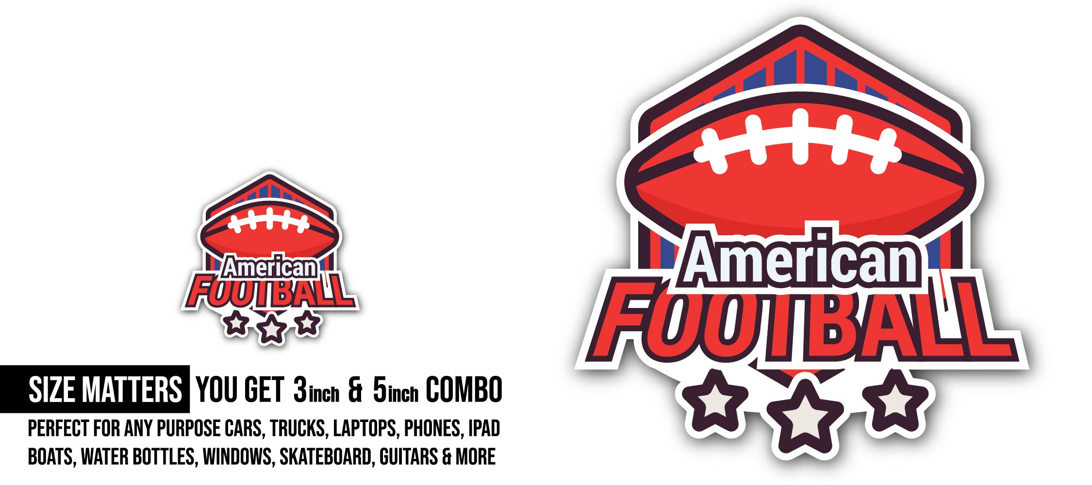 American football Logo Design Sticker, Waterproof Vinyl Decal Sticker Indoor Or Outdoor 2 (Pieces) 3" and 5"