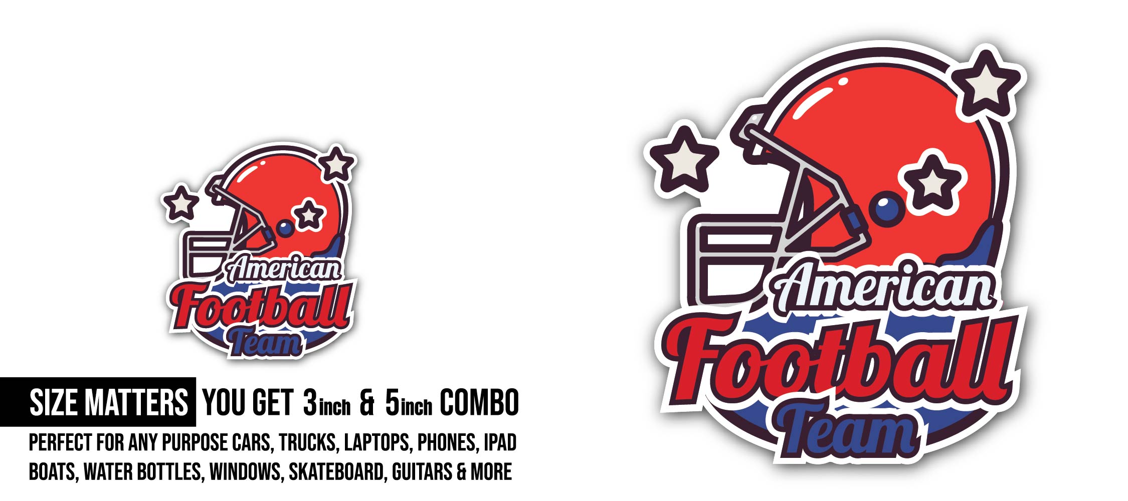 American Football Team logo Sticker, Waterproof Vinyl Decal Sticker Indoor Or Outdoor 2 (Pieces) 3" and 5"