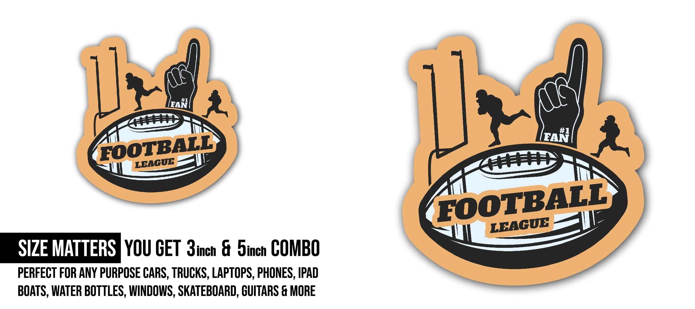 Football League Fan Sticker, Waterproof Vinyl Decal Sticker Indoor Or Outdoor 2 (Pieces) 3" and 5"