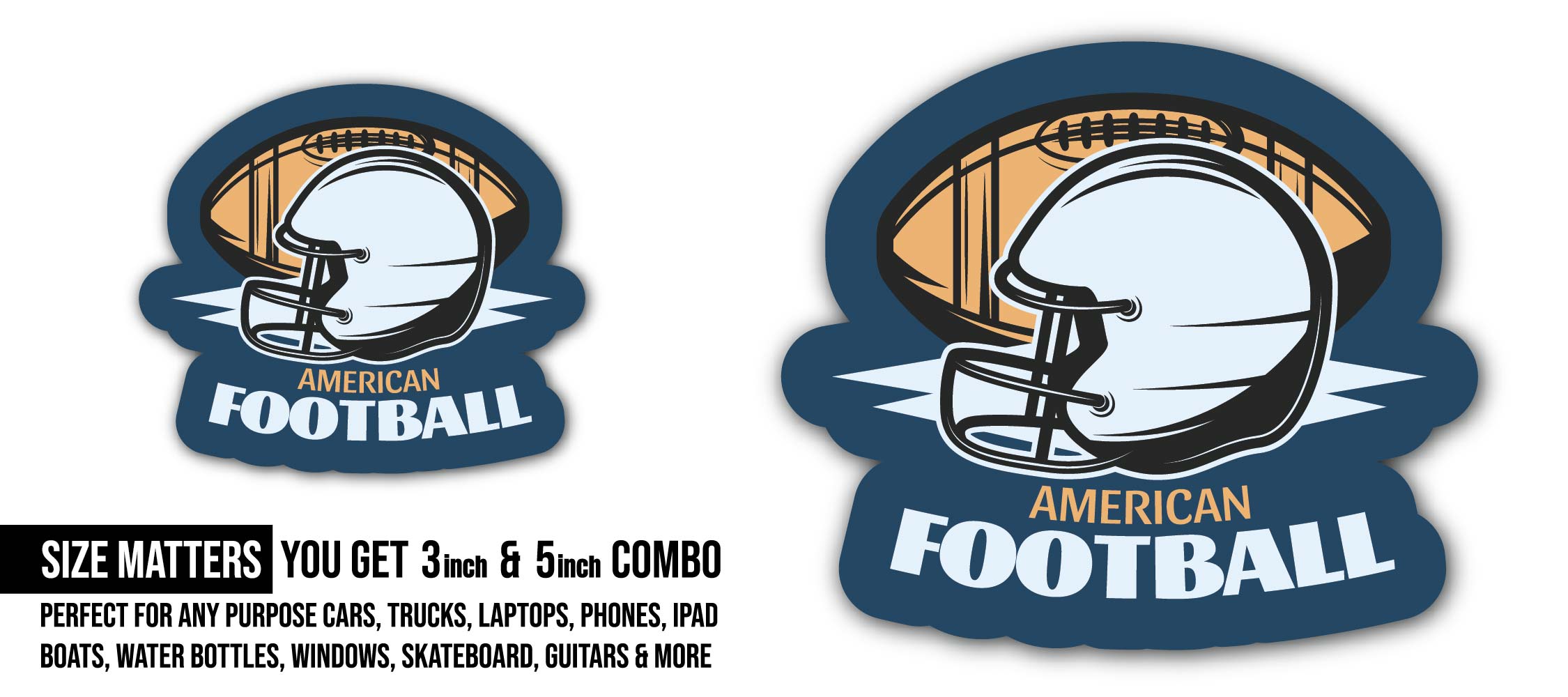 American football helmet and ball Sticker, Waterproof Vinyl Decal Sticker Indoor Or Outdoor 2 (Pieces) 3" and 5"