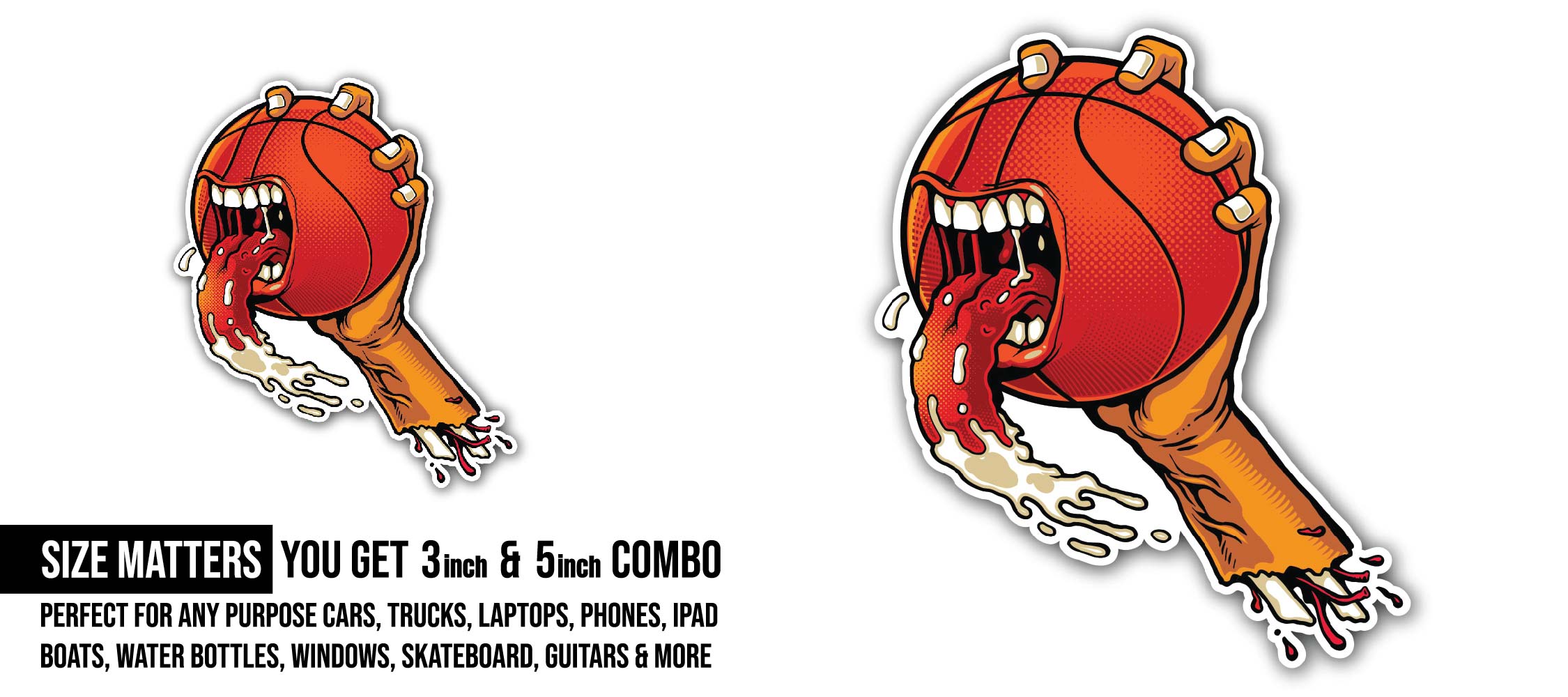 Angry Basketball Sticker, Waterproof Vinyl Decal Sticker Indoor Or Outdoor 2 (Pieces) 3" and 5"