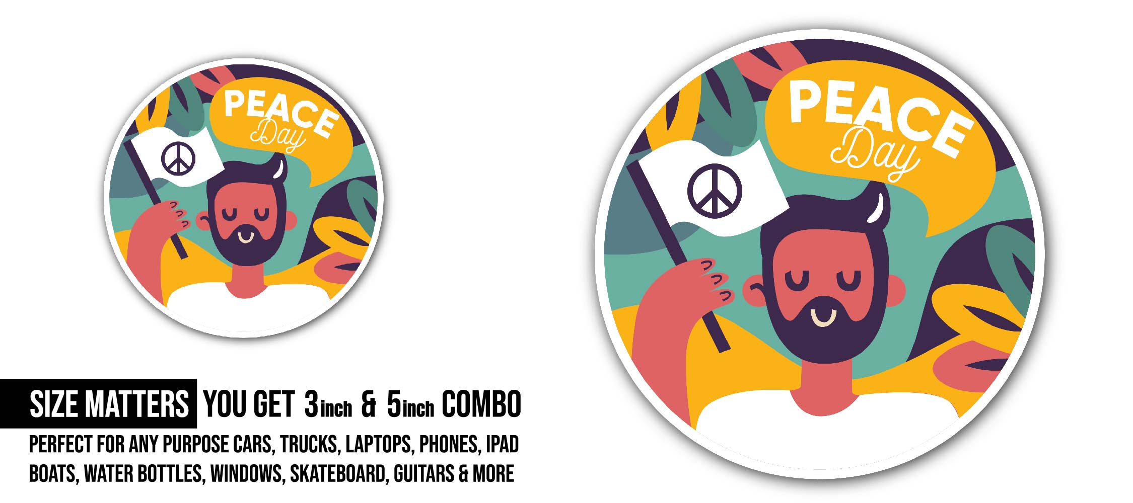 Man Holding Peace Flag Sticker, Waterproof Vinyl Decal Sticker Indoor Or Outdoor 2 (Pieces) 3" and 5"