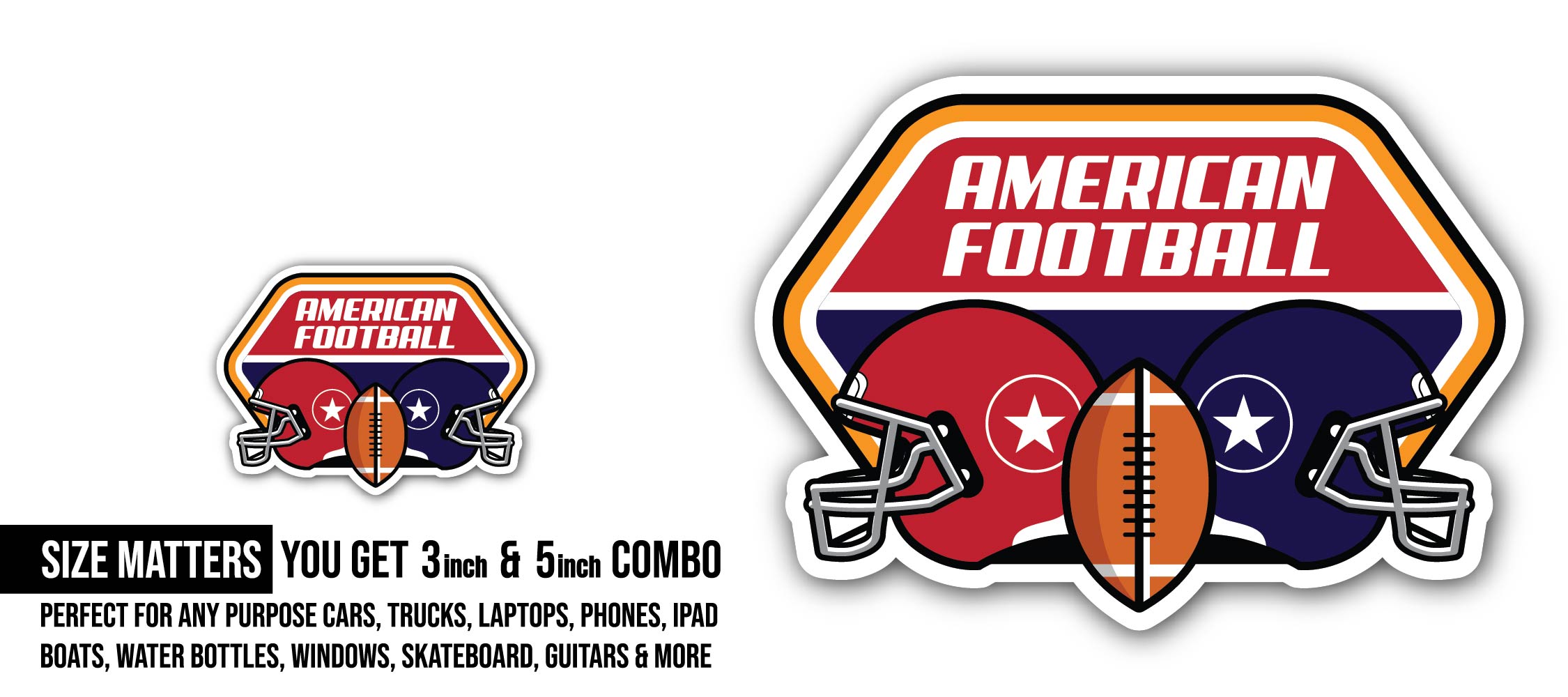 American Football Emblem Sticker, Waterproof Vinyl Decal Sticker Indoor Or Outdoor 2 (Pieces) 3" and 5"