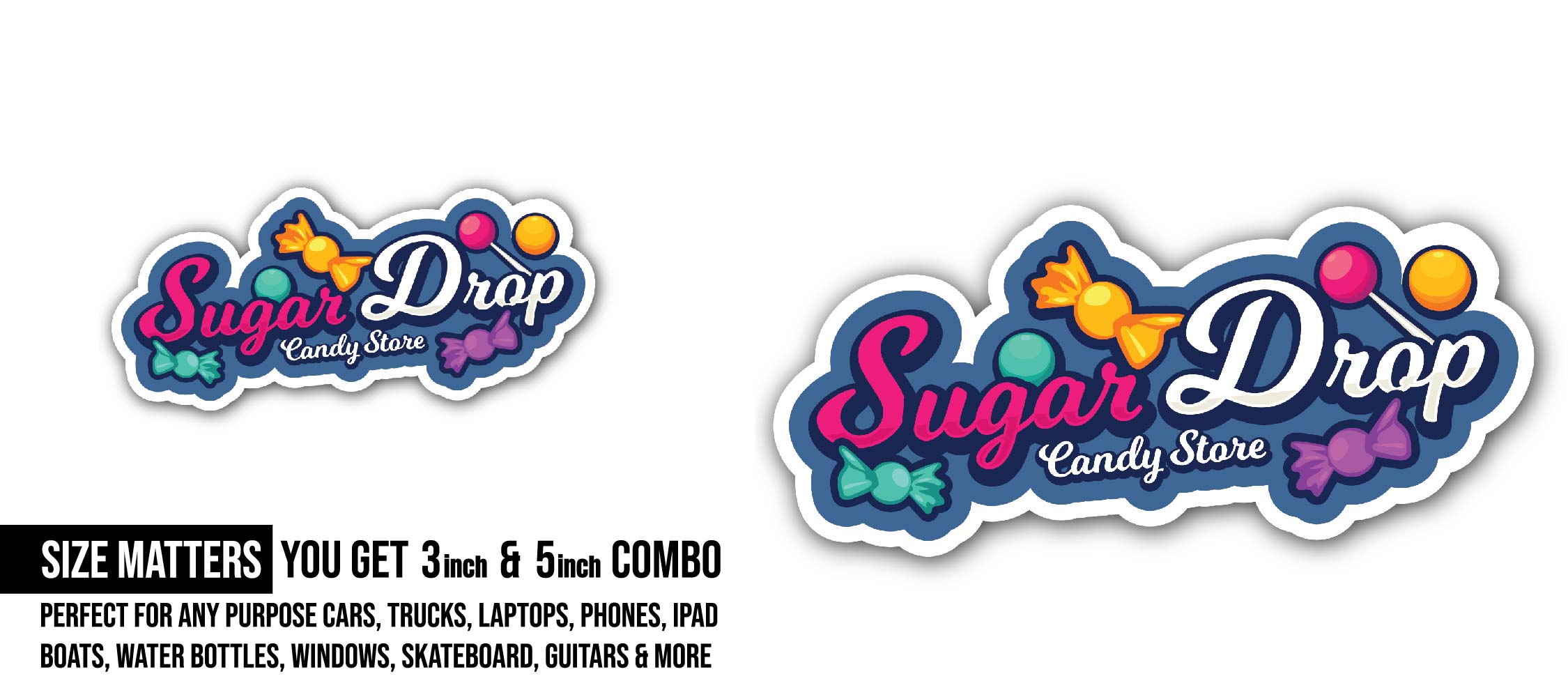 Sugar Drop Candy Store Sticker, Waterproof Vinyl Decal Sticker Indoor Or Outdoor 2 (Pieces) 3" and 5"