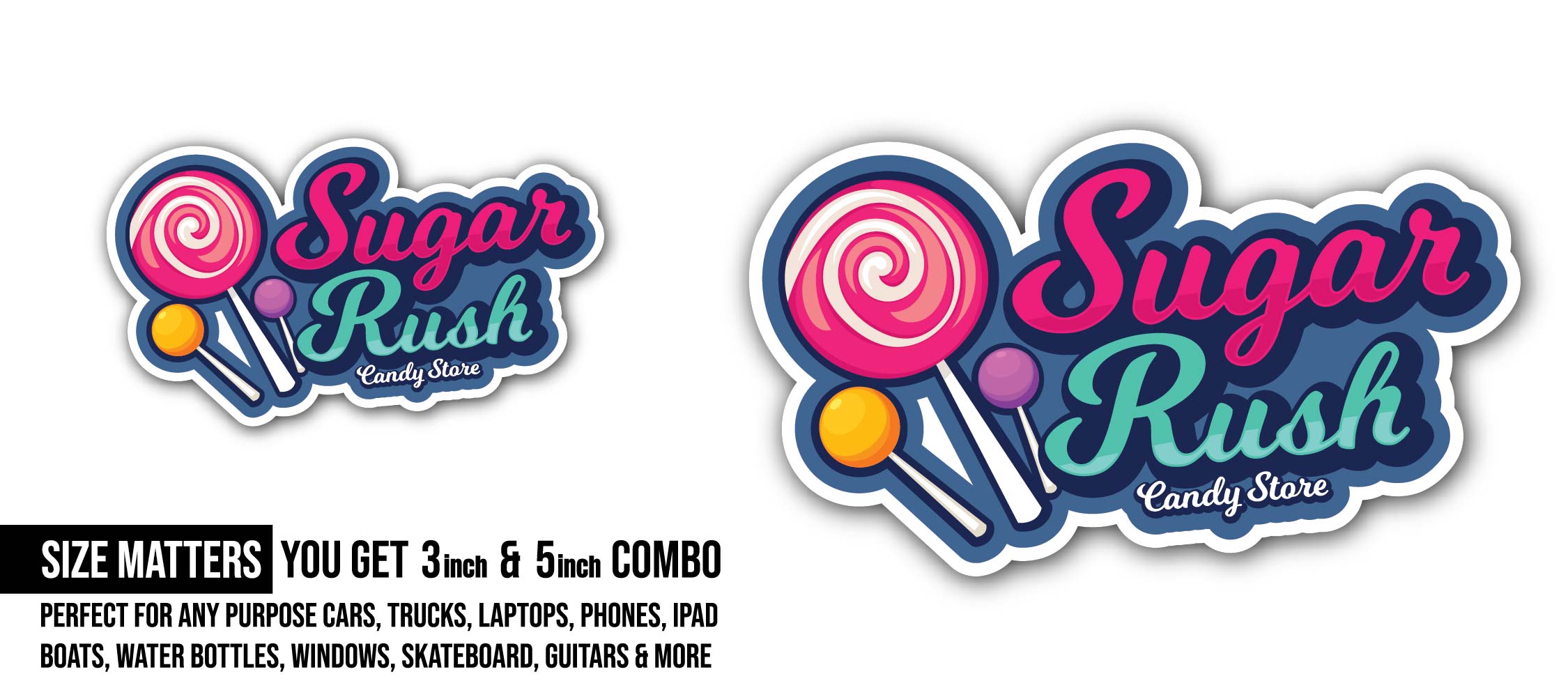 Sugar Rush Candy Store Sticker, Waterproof Vinyl Decal Sticker Indoor Or Outdoor 2 (Pieces) 3" and 5"