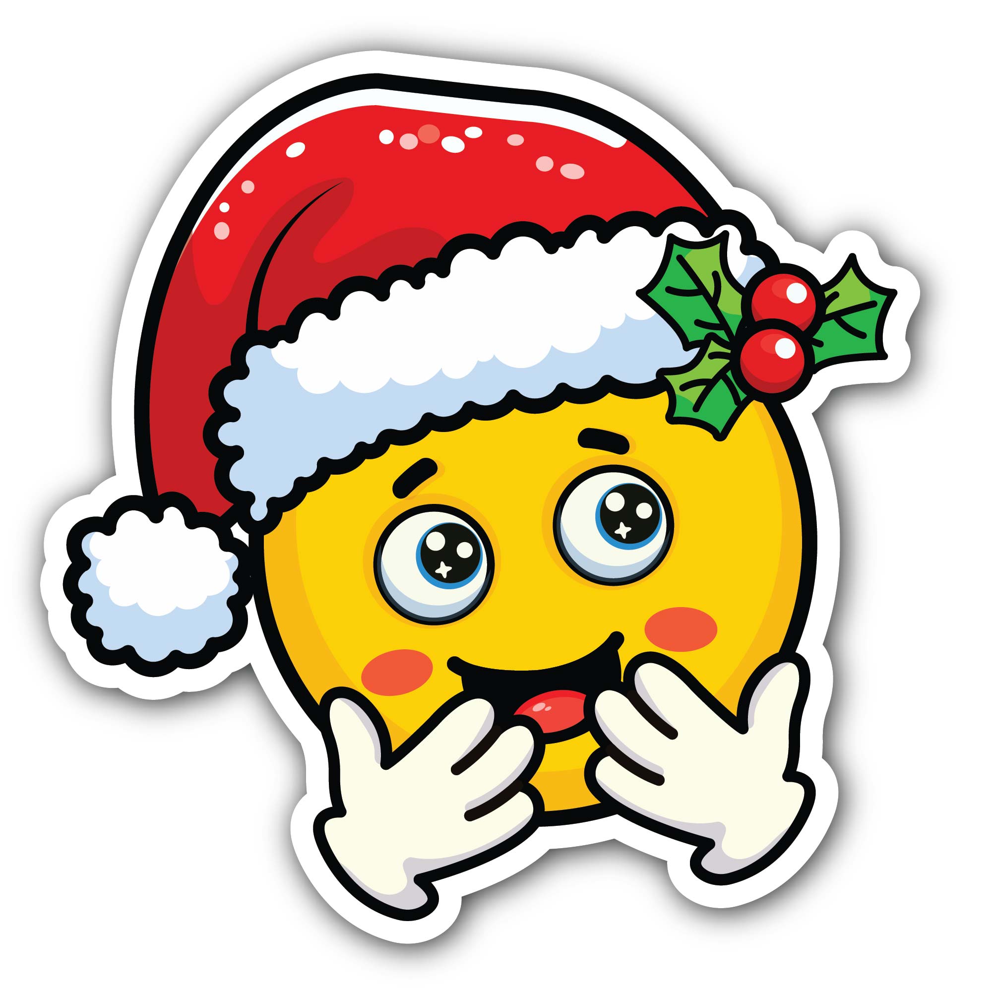 A surprised emoji wearing a Santa hat Sticker, Waterproof Vinyl Decal Sticker Indoor Or Outdoor 2 (Pieces) 3" and 5"