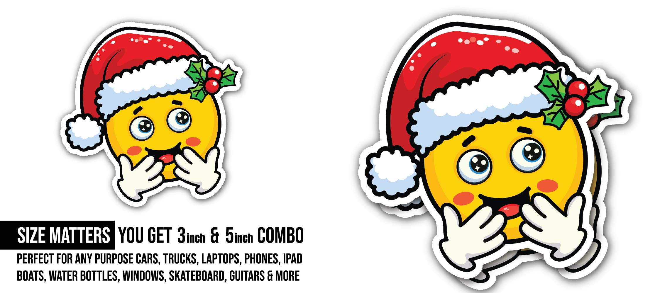 A surprised emoji wearing a Santa hat Sticker, Waterproof Vinyl Decal Sticker Indoor Or Outdoor 2 (Pieces) 3" and 5"