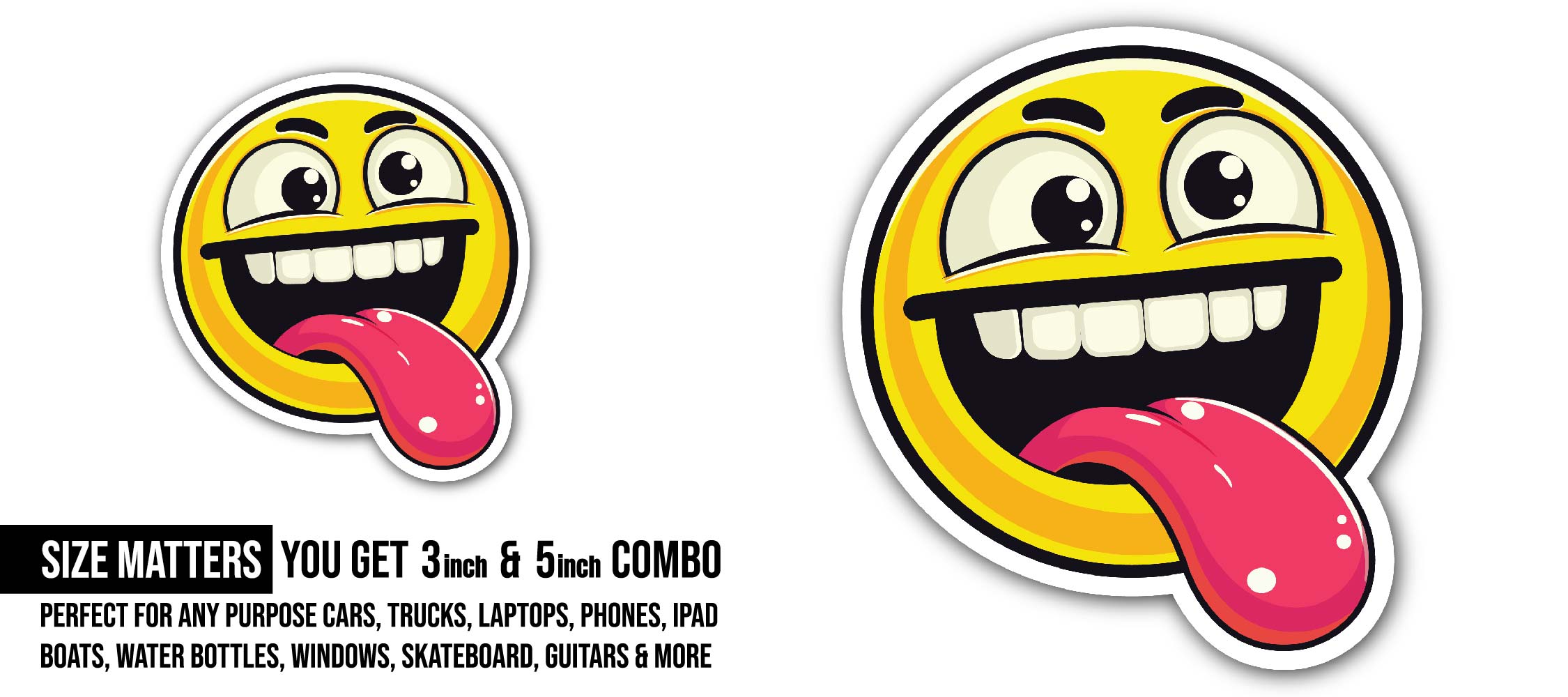 A playful grinning emoji Sticker, Waterproof Vinyl Decal Sticker Indoor Or Outdoor 2 (Pieces) 3" and 5"