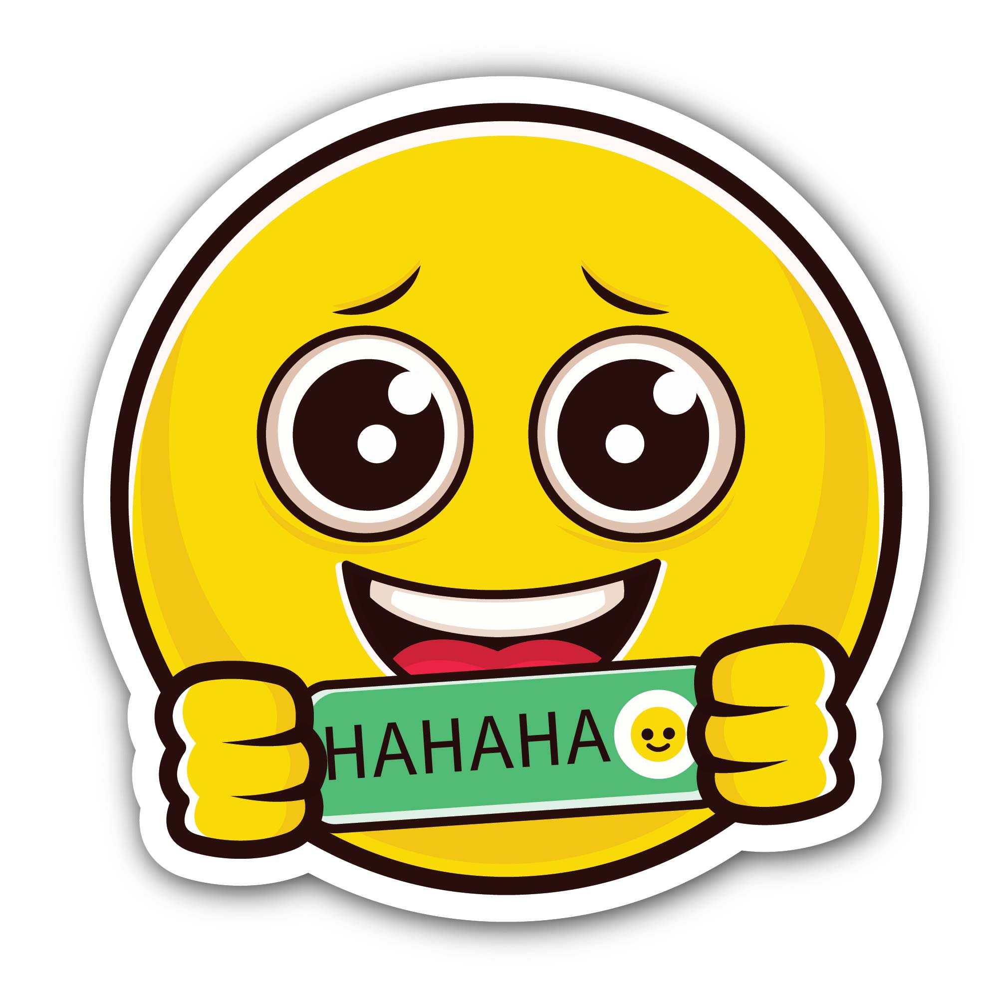 A laughing emoji  holding a HAHAHA sign vector Sticker, Waterproof Vinyl Decal Sticker Indoor Or Outdoor 2 (Pieces) 3" and 5"