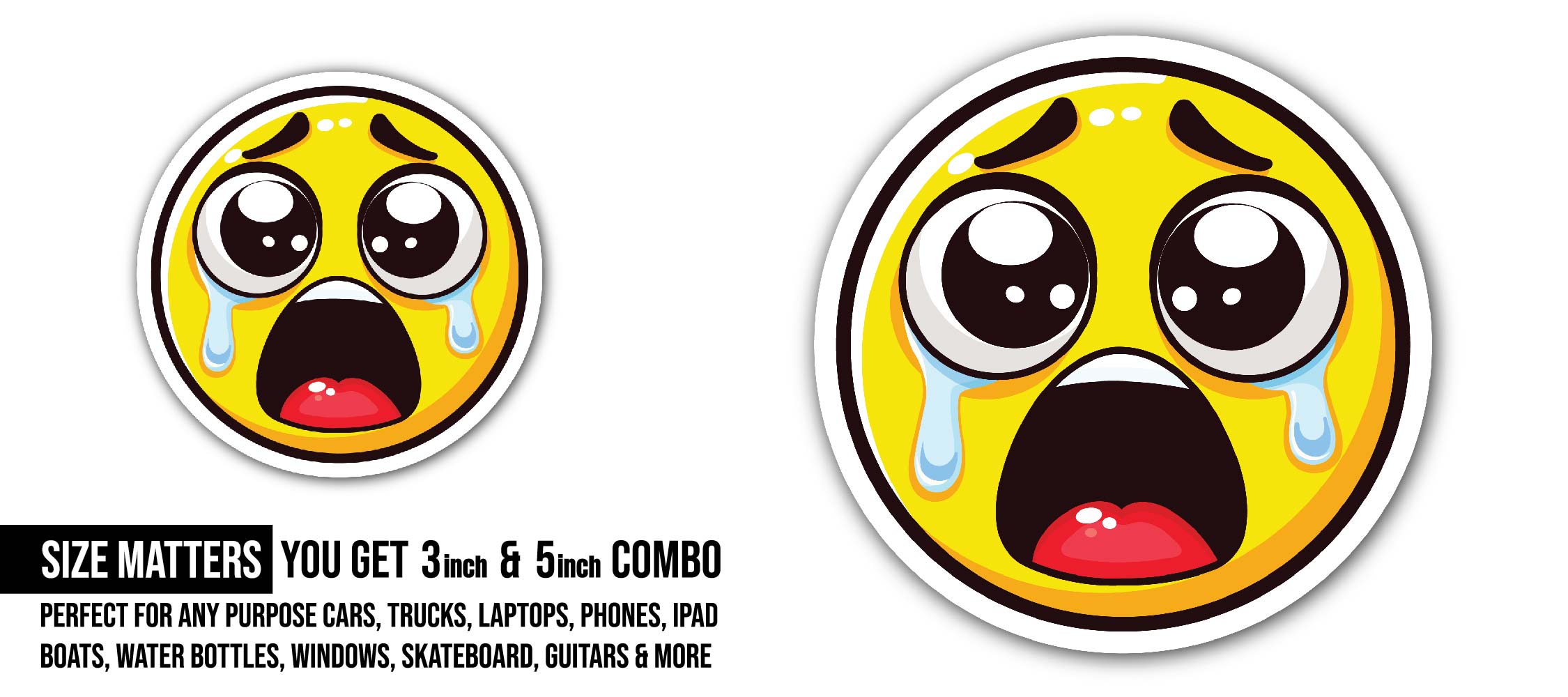 Sad Face Emoji Sticker, Waterproof Vinyl Decal Sticker Indoor Or Outdoor 2 (Pieces) 3" and 5"