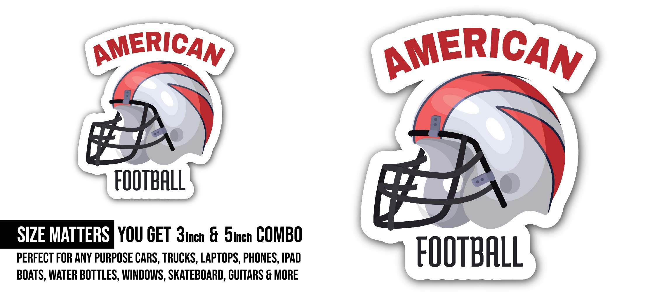 American Football with helmet Sticker, Waterproof Vinyl Decal Sticker Indoor Or Outdoor 2 (Pieces) 3" and 5"