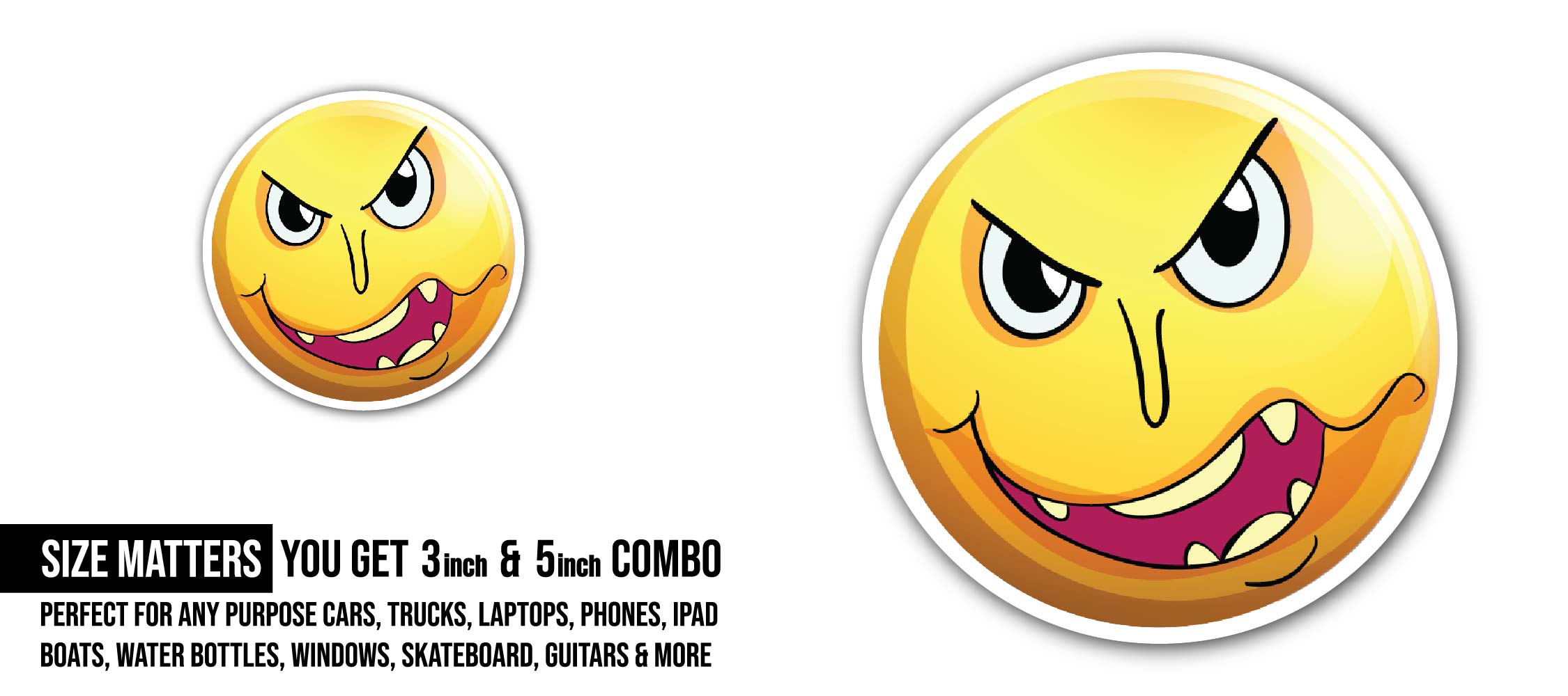 Monster Face on Yellow Ball Sticker, Waterproof Vinyl Decal Sticker Indoor Or Outdoor 2 (Pieces) 3" and 5"