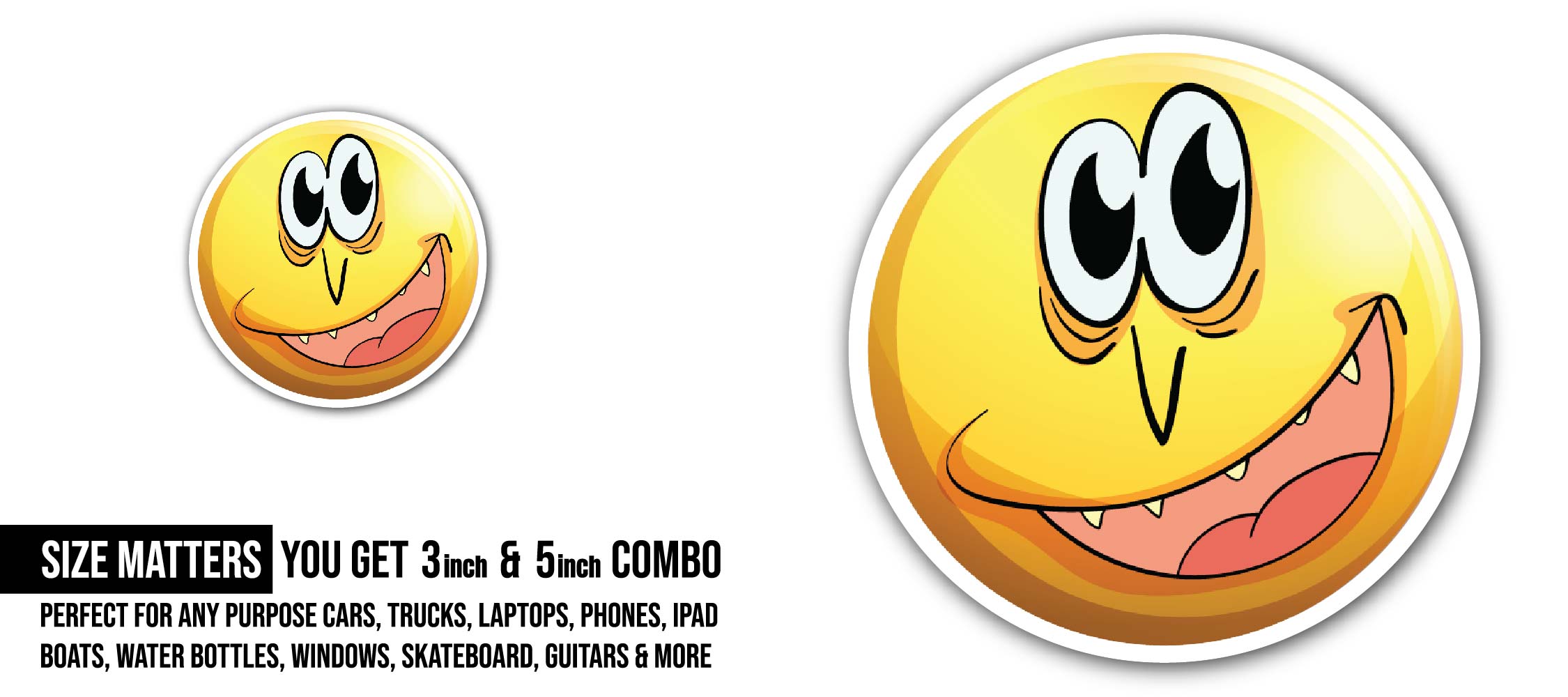 Yellow Happy face Sticker, Waterproof Vinyl Decal Sticker Indoor Or Outdoor 2 (Pieces) 3" and 5"