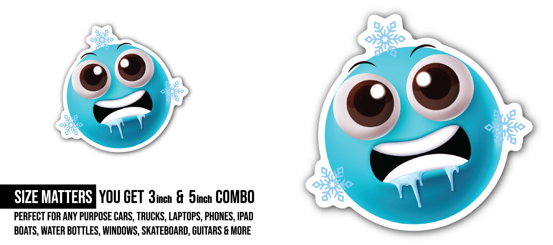 Freezing Emoji Sticker, Waterproof Vinyl Decal Sticker Indoor Or Outdoor 2 (Pieces) 3" and 5"