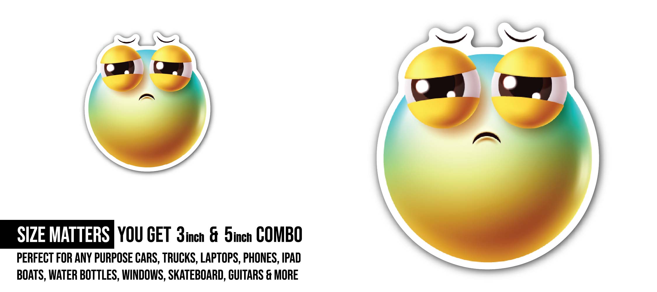 Sad Emoji Sticker, Waterproof Vinyl Decal Sticker Indoor Or Outdoor 2 (Pieces) 3" and 5"