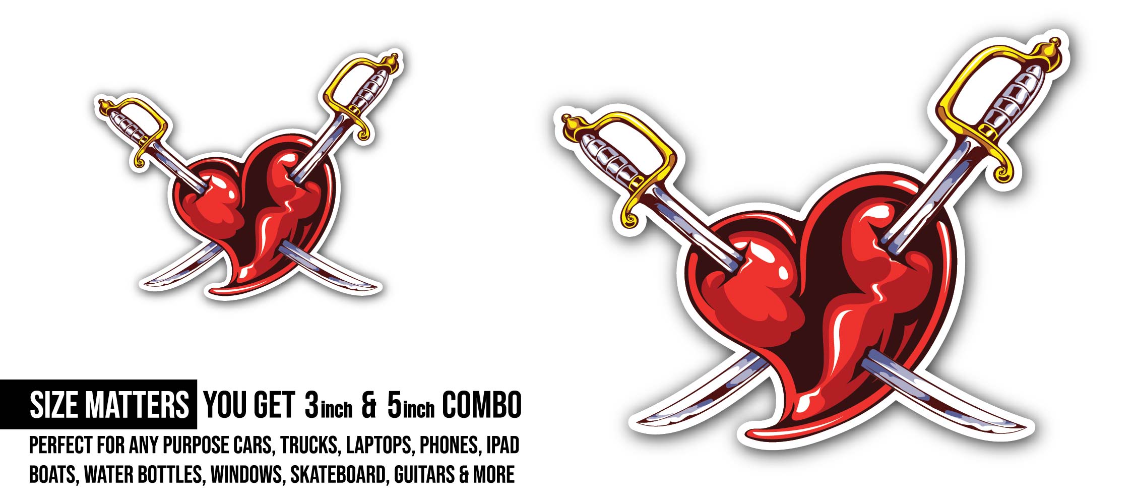 Pierced Heart Sticker, Waterproof Vinyl Decal Sticker Indoor Or Outdoor 2 (Pieces) 3" and 5"