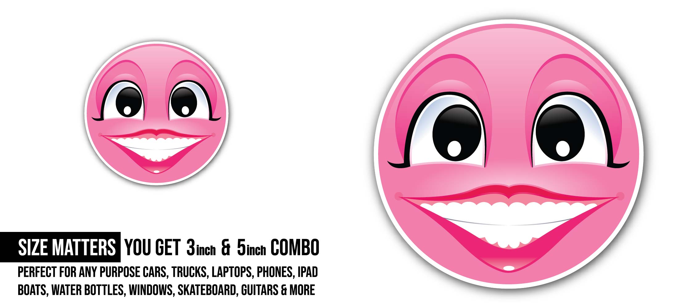 Smiley Pink Face Sticker, Waterproof Vinyl Decal Sticker Indoor Or Outdoor 2 (Pieces) 3" and 5"