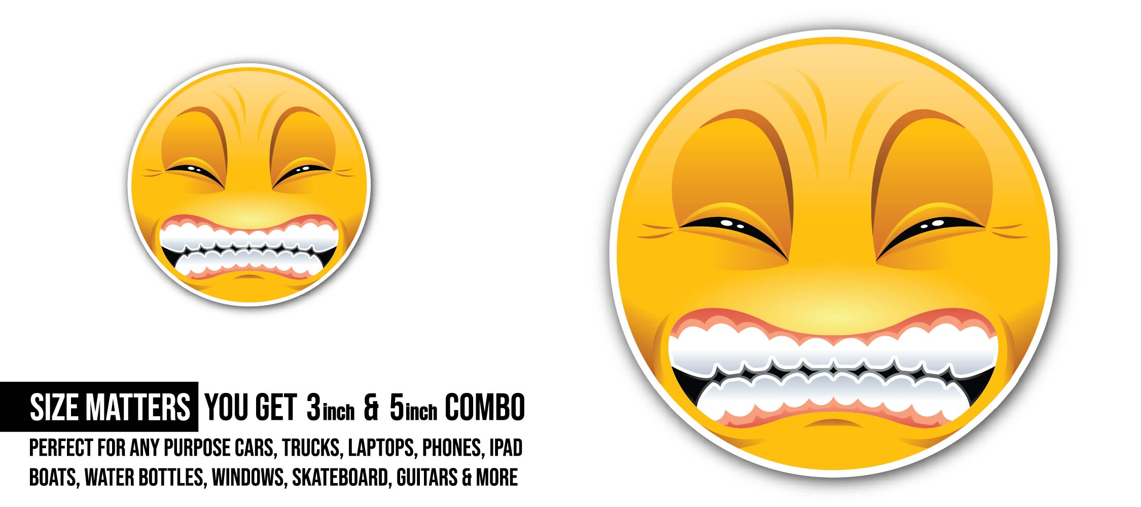 Mischievous Emoji Face Sticker, Waterproof Vinyl Decal Sticker Indoor Or Outdoor 2 (Pieces) 3" and 5"
