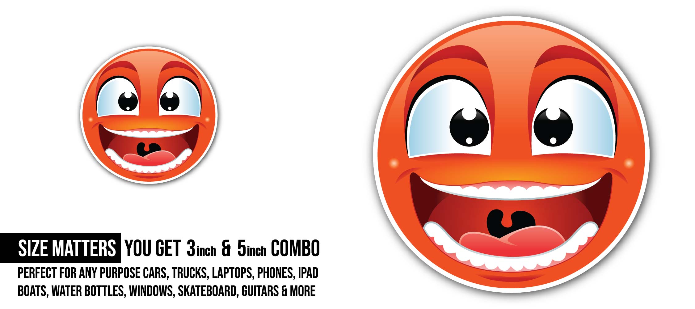 Orange smiley face Sticker, Waterproof Vinyl Decal Sticker Indoor Or Outdoor 2 (Pieces) 3" and 5"