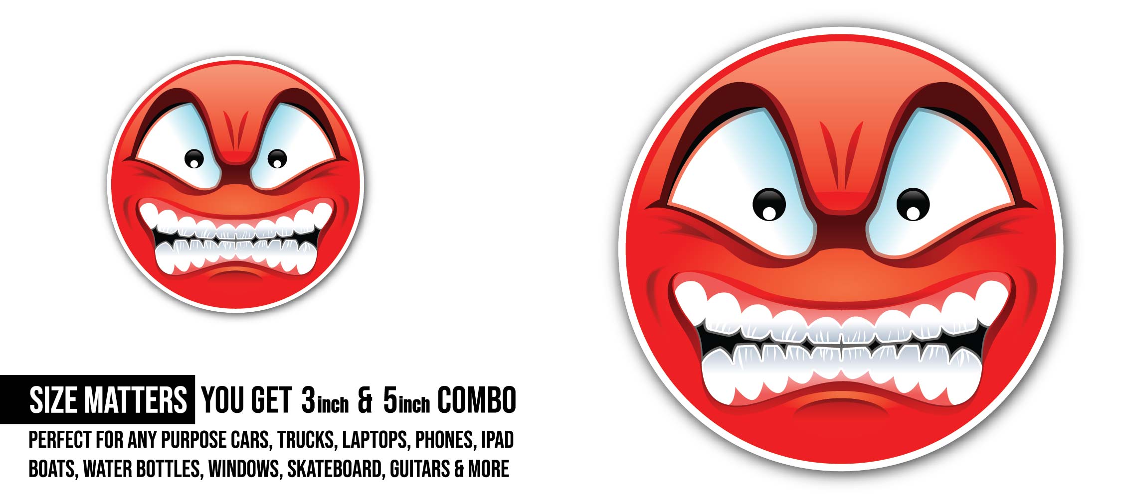 Mad Emoji Reaction Sticker, Waterproof Vinyl Decal Sticker Indoor Or Outdoor 2 (Pieces) 3" and 5"