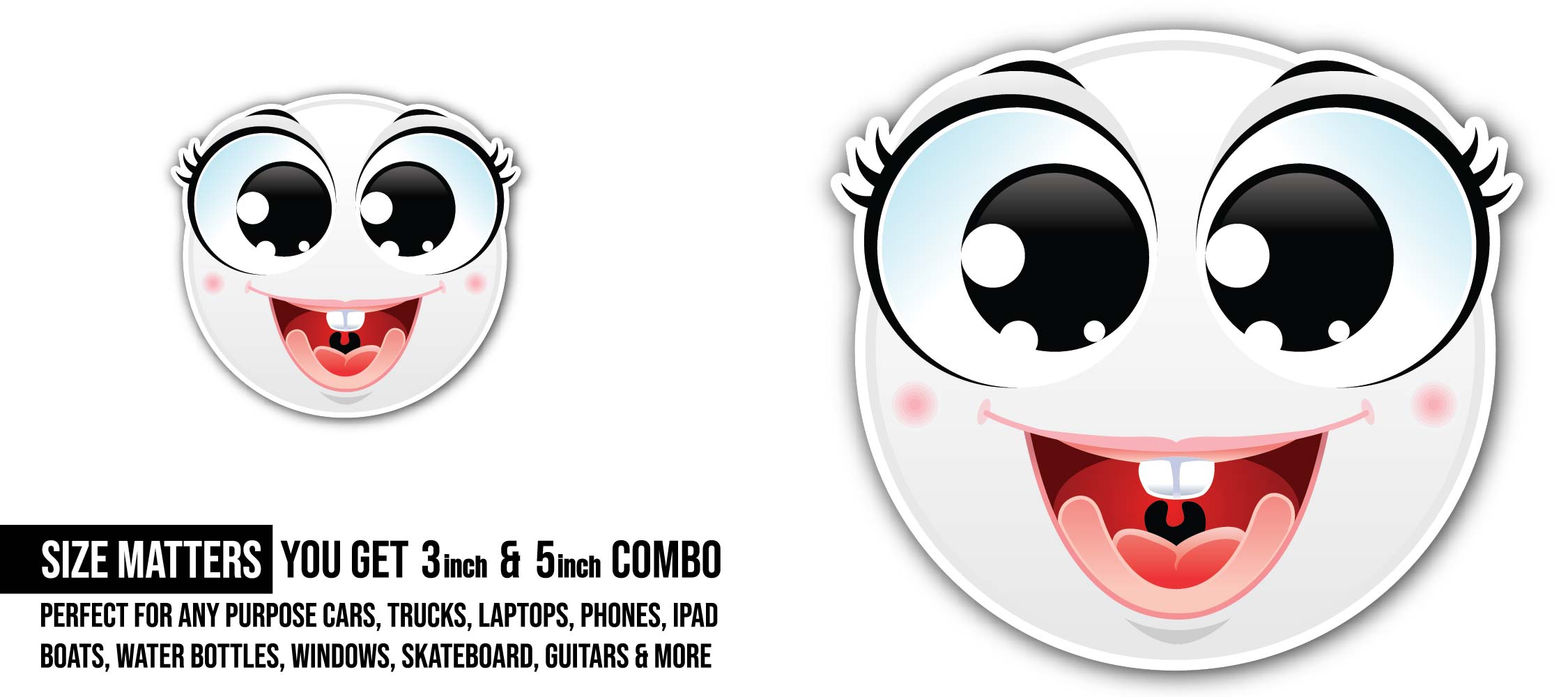 Cute Happy face Sticker, Waterproof Vinyl Decal Sticker Indoor Or Outdoor 2 (Pieces) 3" and 5"