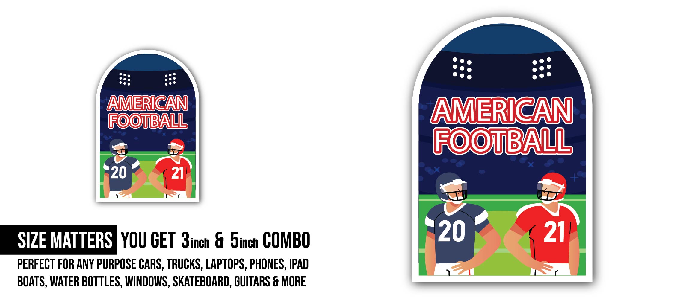 American Football Players Sticker, Waterproof Vinyl Decal Sticker Indoor Or Outdoor 2 (Pieces) 3" and 5"