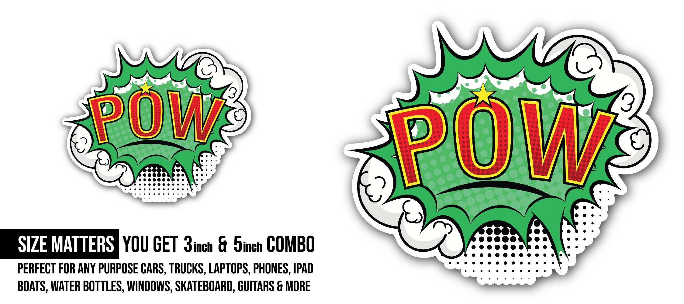 Comic Pow Sticker, Waterproof Vinyl Decal Sticker Indoor Or Outdoor 2 (Pieces) 3" and 5"
