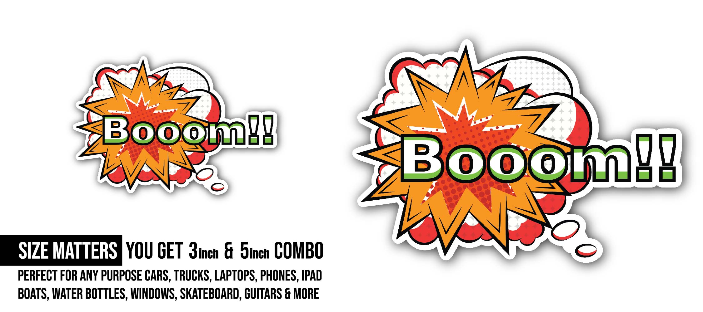 Booom ! Comic Text Sticker, Waterproof Vinyl Decal Sticker Indoor Or Outdoor 2 (Pieces) 3" and 5"