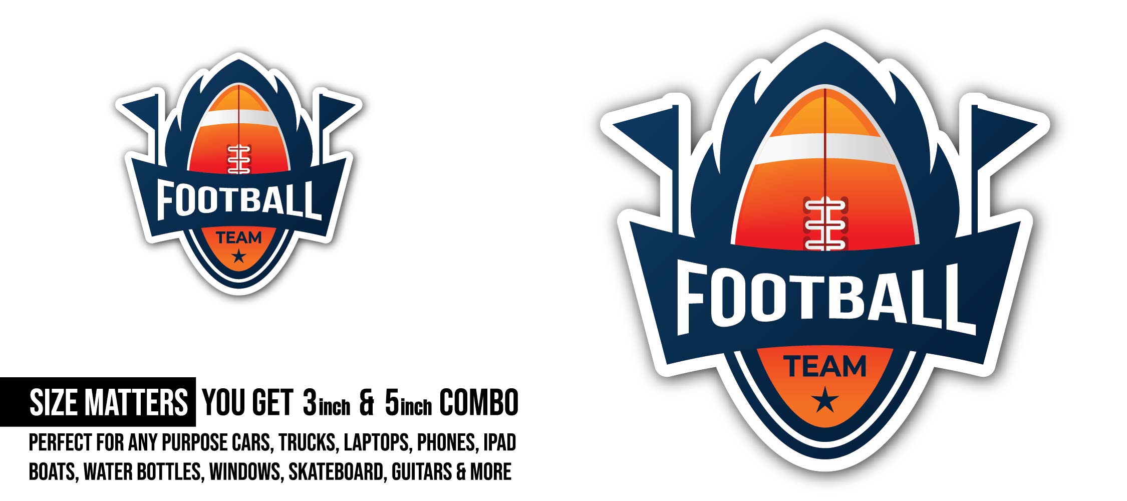 Football Team Sticker, Waterproof Vinyl Decal Sticker Indoor Or Outdoor 2 (Pieces) 3" and 5"