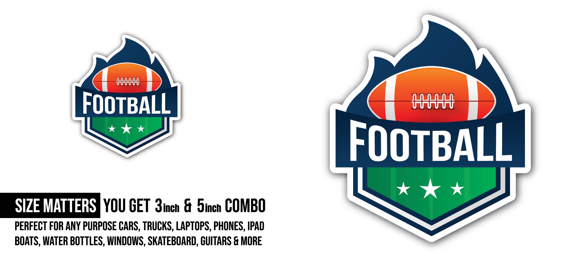American football Logo Sticker, Waterproof Vinyl Decal Sticker Indoor Or Outdoor 2 (Pieces) 3" and 5"