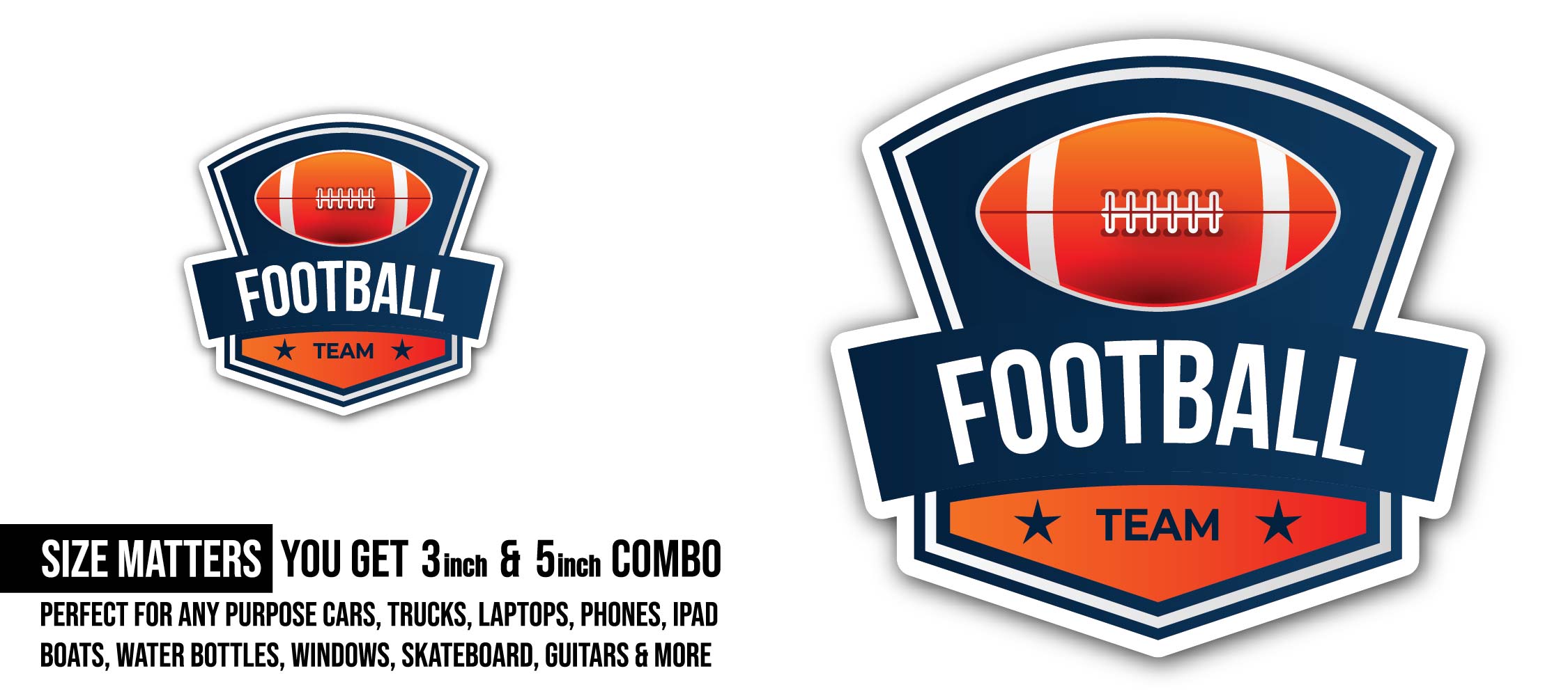 American football Team Logo Sticker, Waterproof Vinyl Decal Sticker Indoor Or Outdoor 2 (Pieces) 3" and 5"