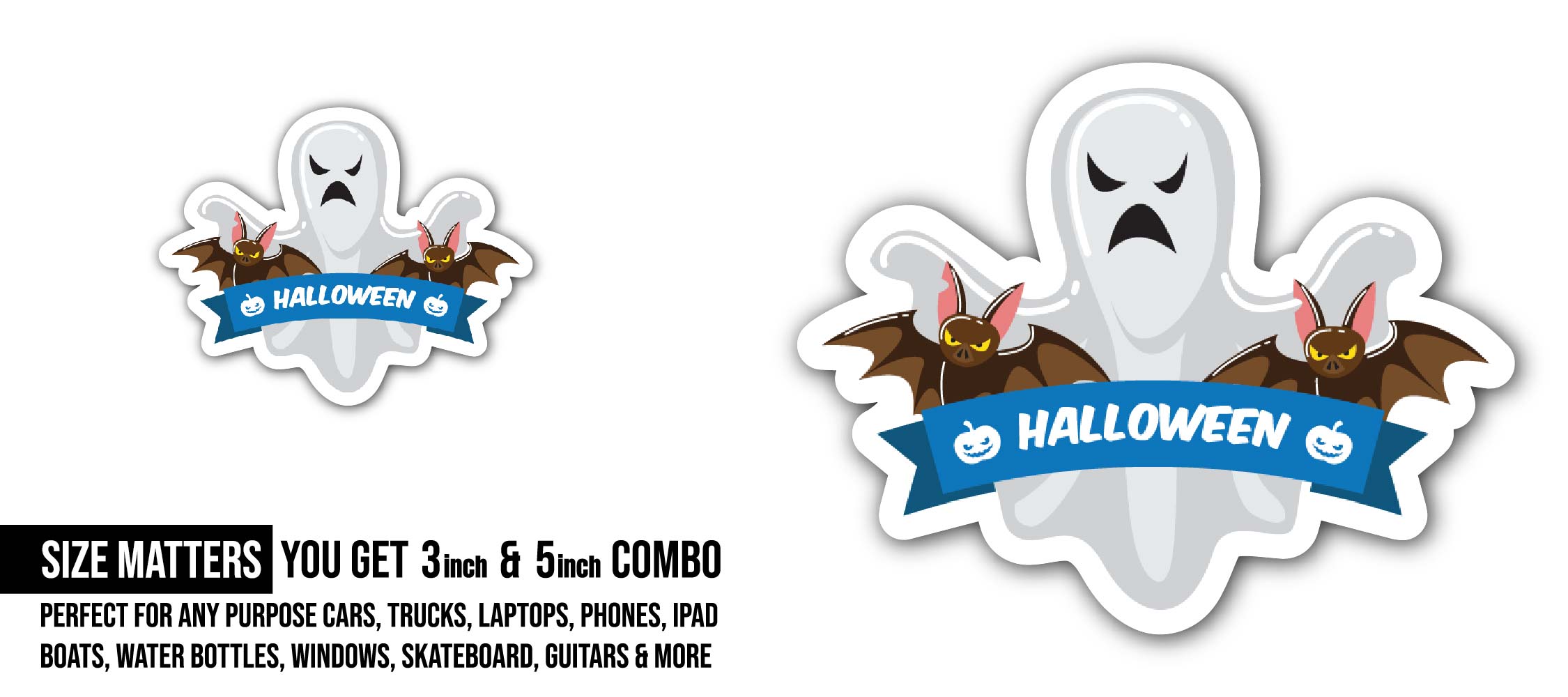 Spooky Halloween Sticker, Waterproof Vinyl Decal Sticker Indoor Or Outdoor 2 (Pieces) 3" and 5"