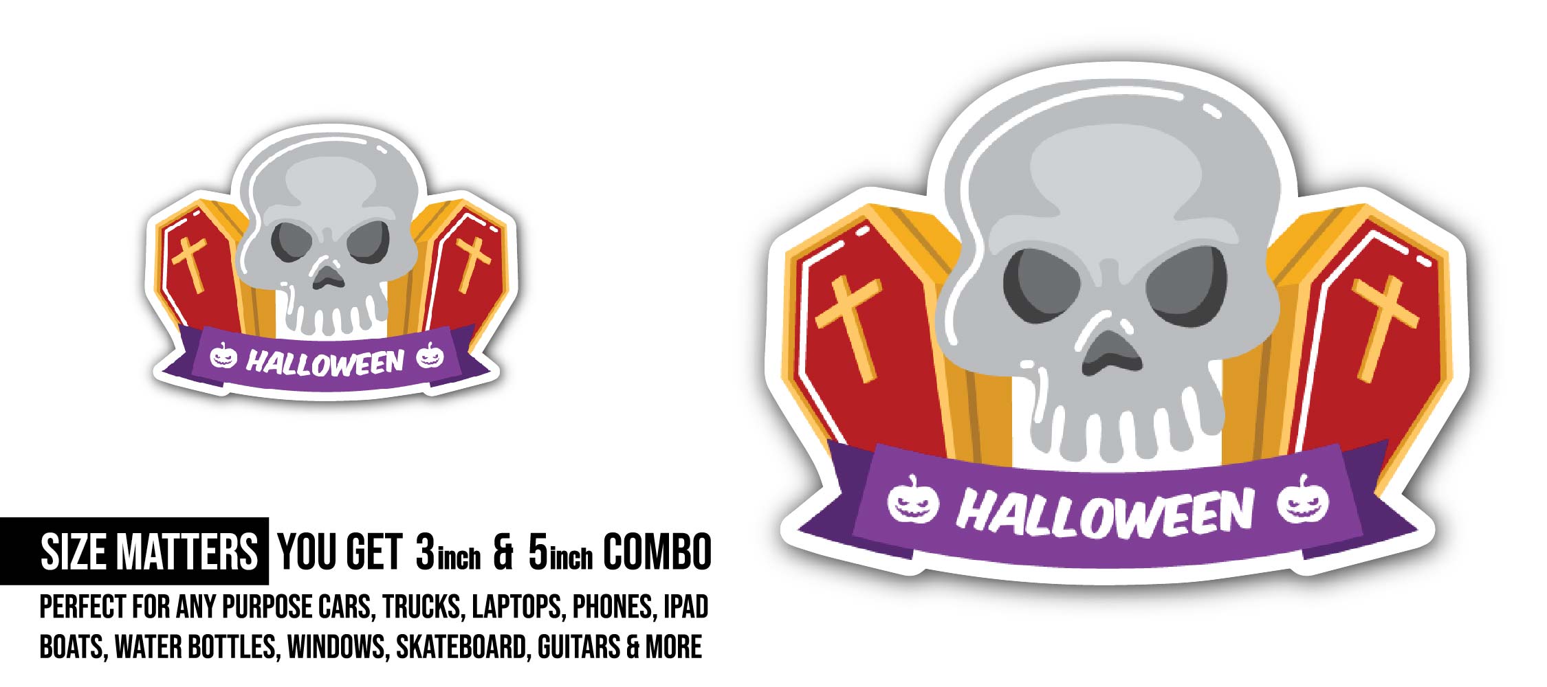 Skull and Coffin Halloween Sticker, Waterproof Vinyl Decal Sticker Indoor Or Outdoor 2 (Pieces) 3" and 5"