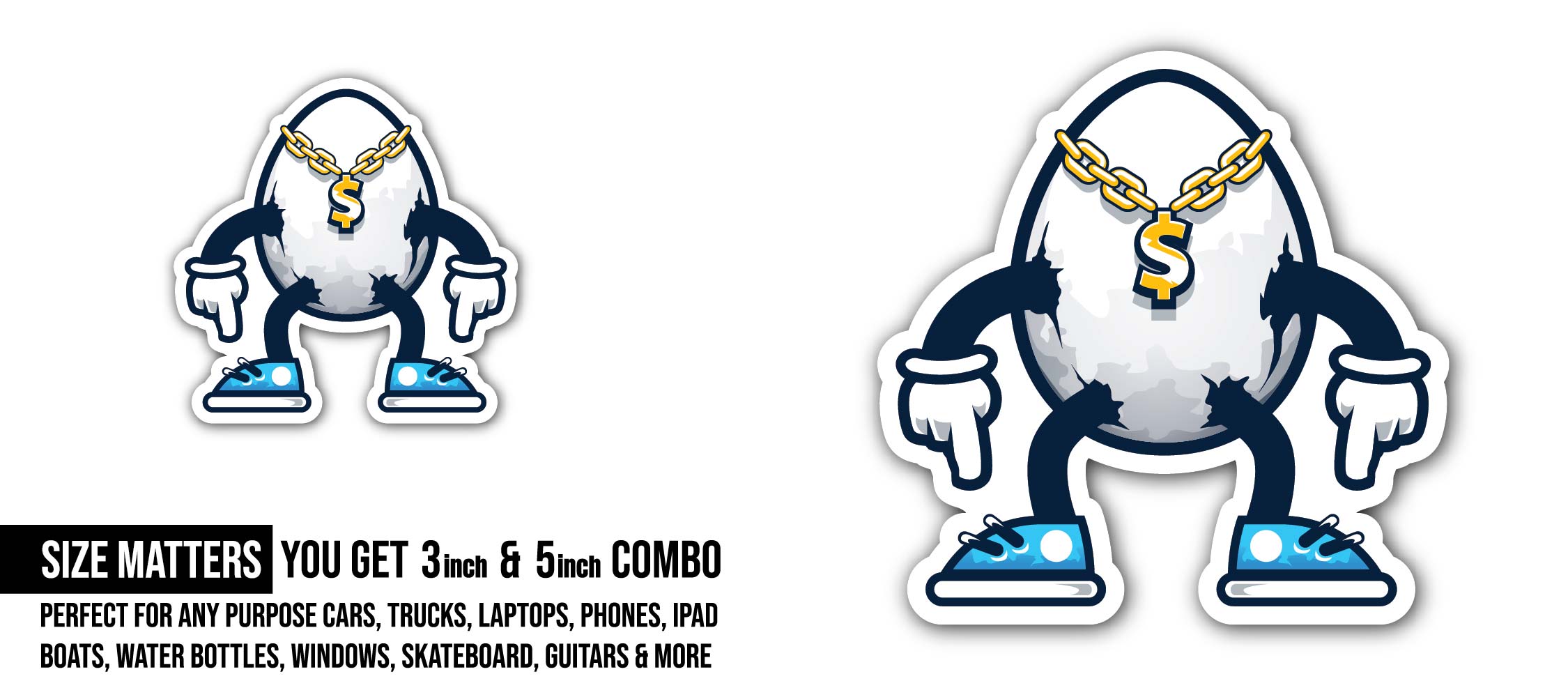 Egg Gangster Money Hip Hop Sticker, Waterproof Vinyl Decal Sticker Indoor Or Outdoor 2 (Pieces) 3" and 5"